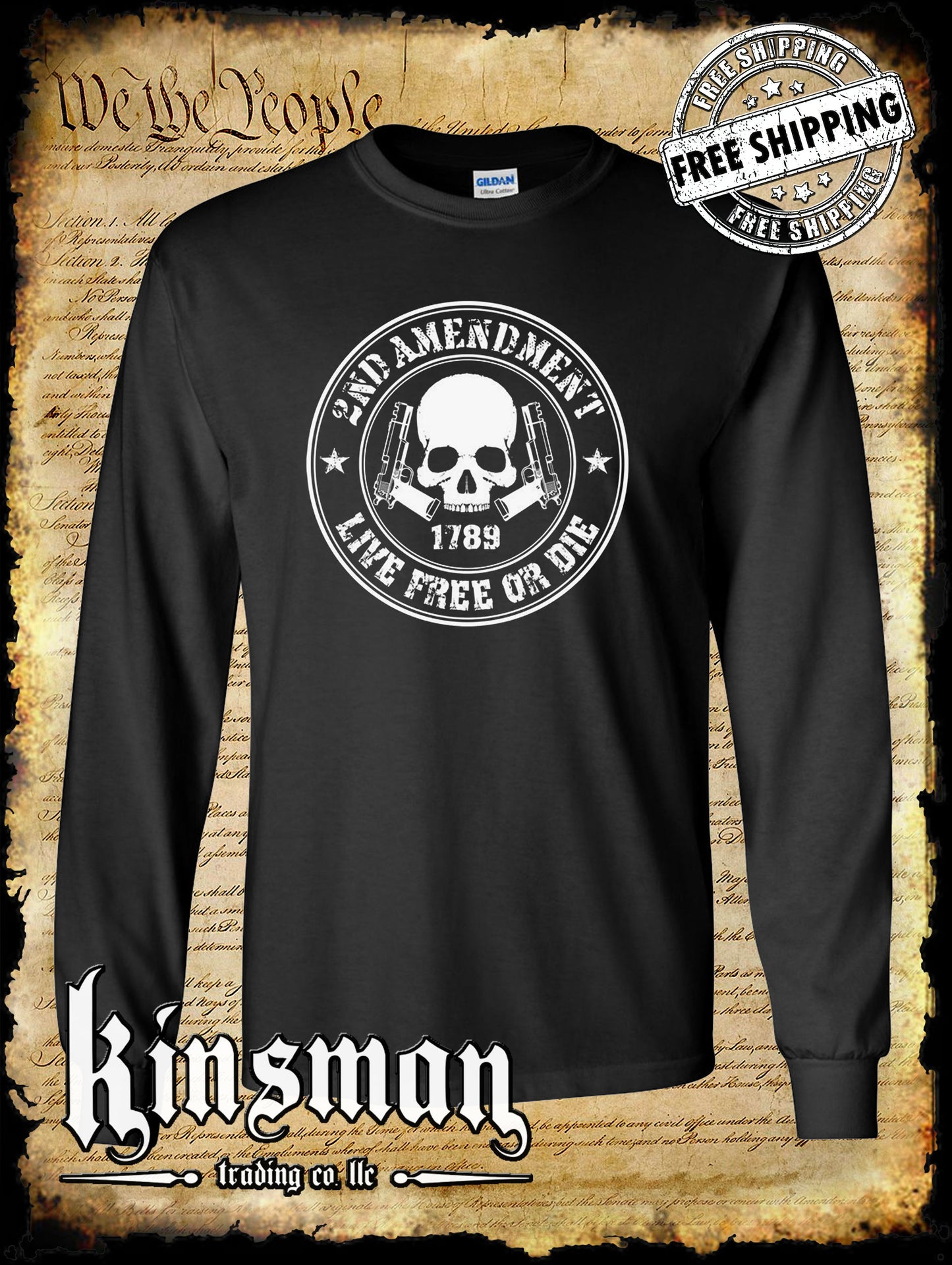 2nd Amendment Live Free or Die Skull & Pistols Long Sleeve T-Shirt - USA Freedom