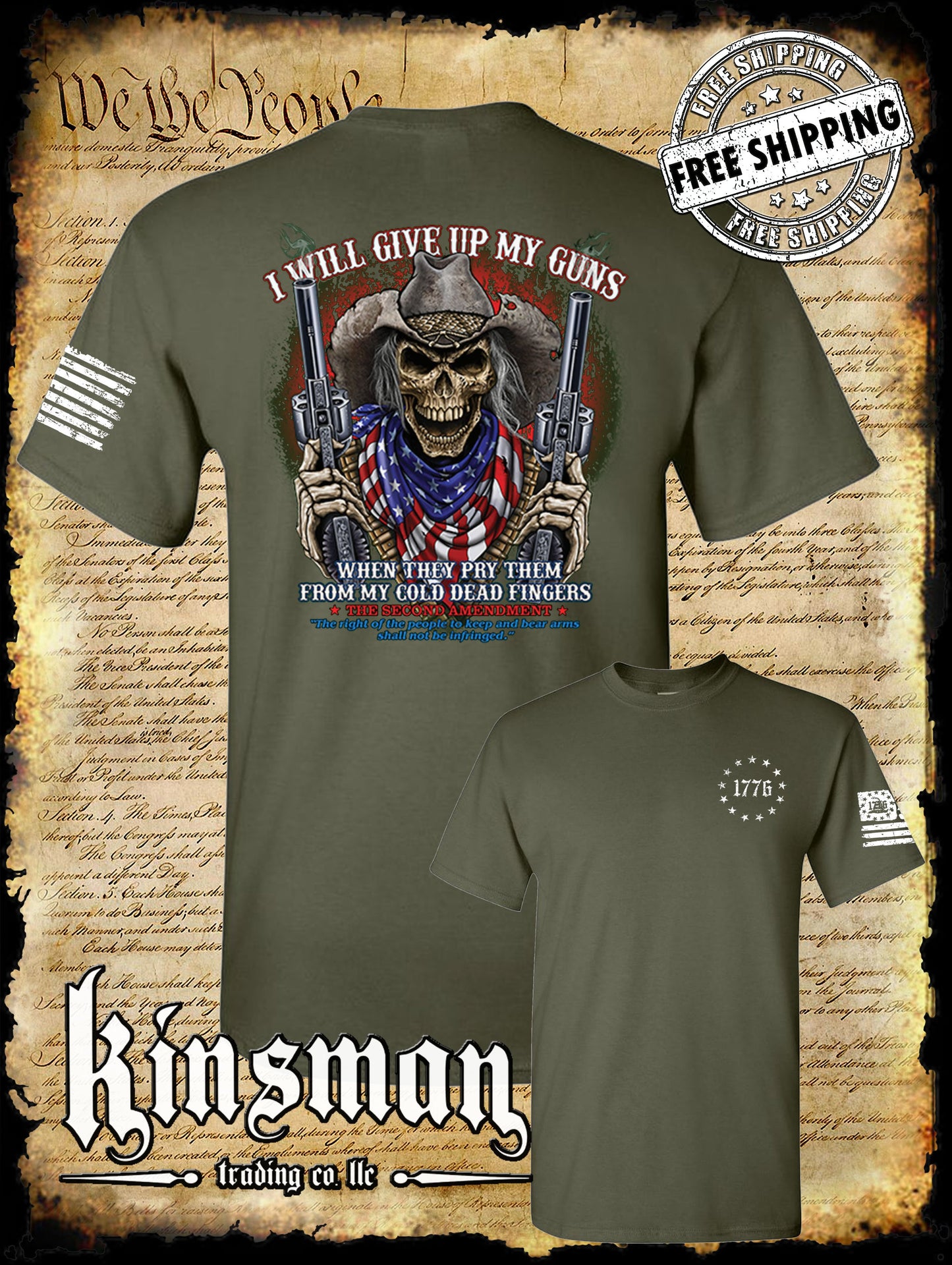 2nd Amendment Cowboy Skull 2-Sided T-Shirt / American Flag Bandana