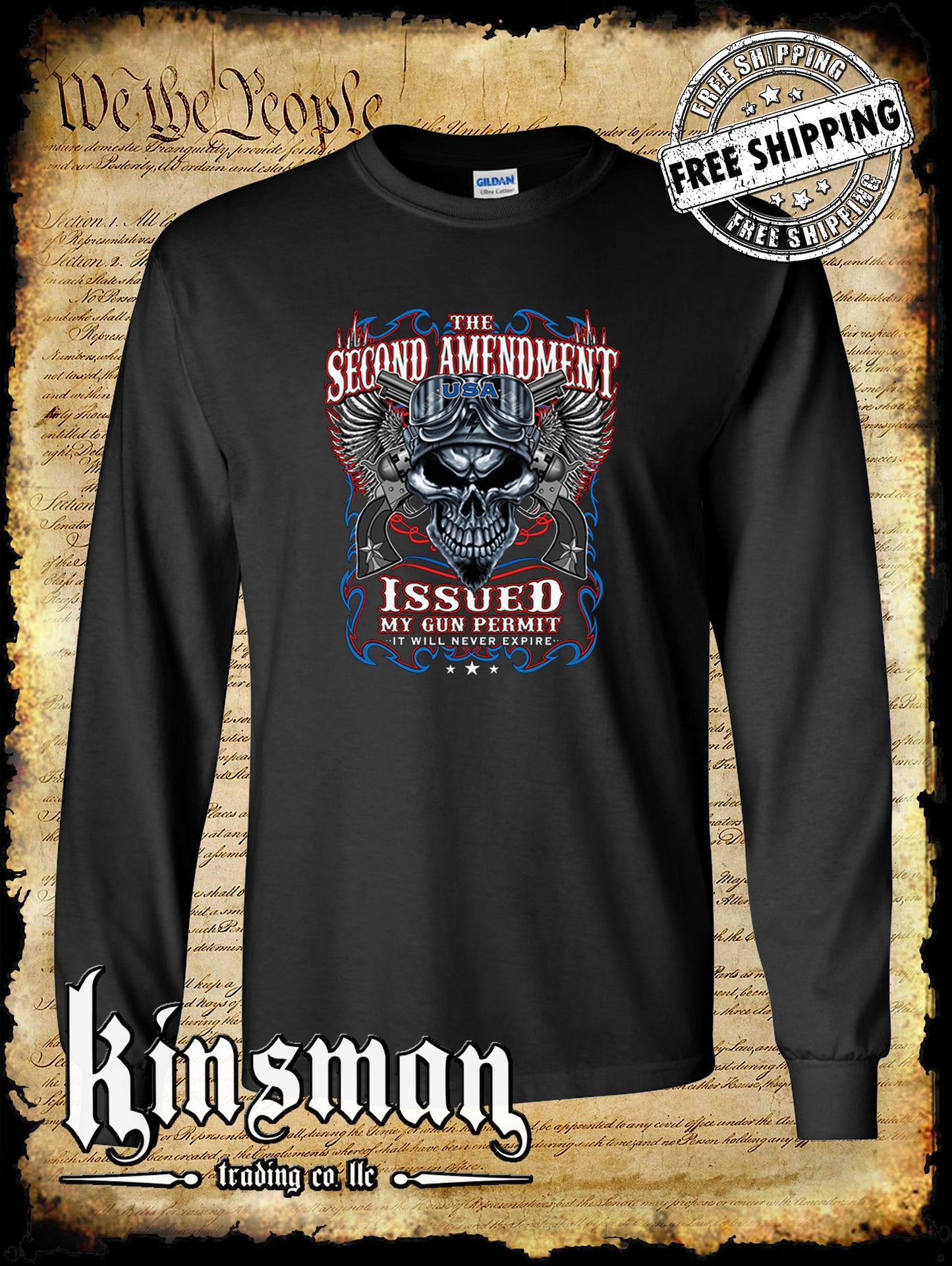 2nd Amendment Issued My Gun Permit Long Sleeve T-Shirt Never Expires Skull Biker Wings USA