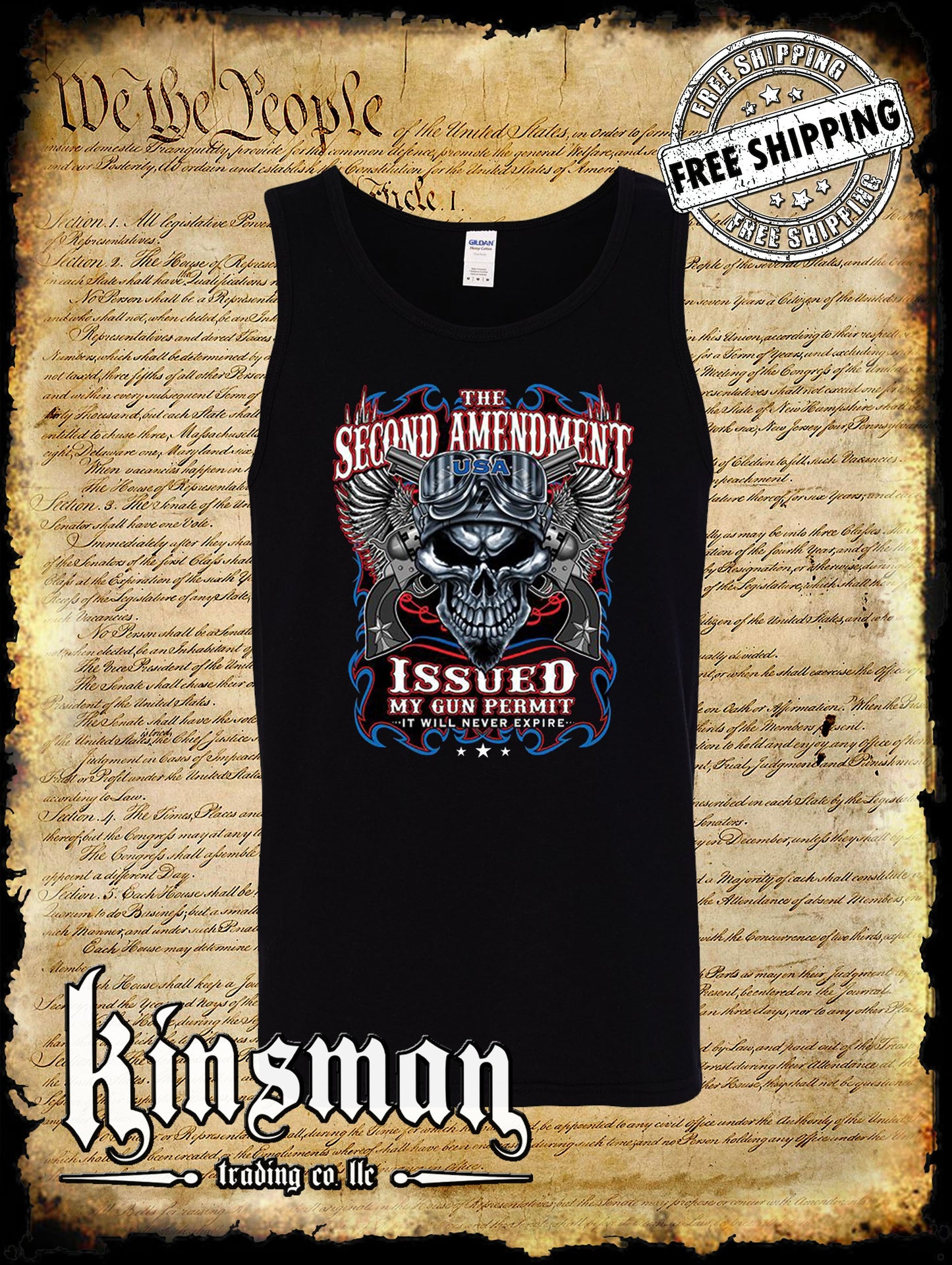 2nd Amendment Issued My Gun Permit Tank Top T-Shirt Never Expires Skull Biker Wings USA