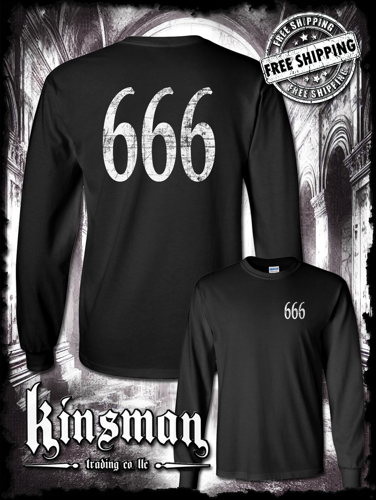 666 2-Sided Long Sleeve T-Shirt - Triple Six Biker Horror Satanic Halloween Rock Metal