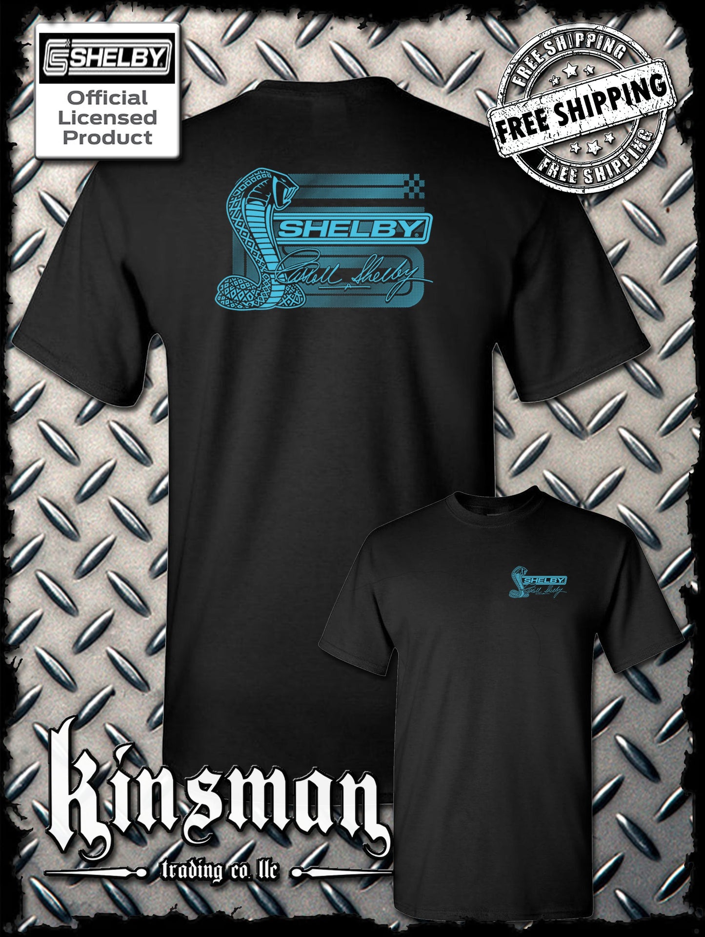 Carroll Shelby Aqua Cobra Logo 2-Sided T-Shirt