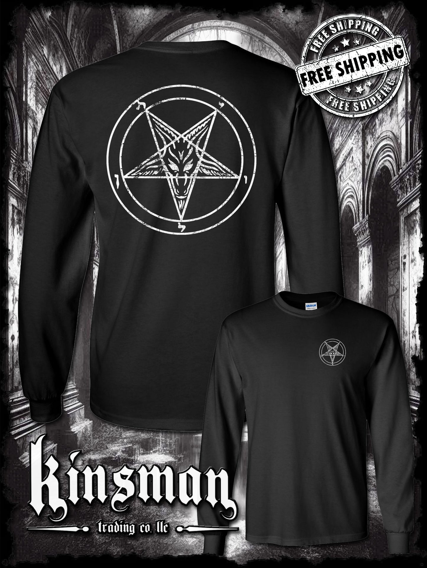 Baphomet Satanic Pentagram Distressed Logo 2-Sided Long Sleeve T-Shirt