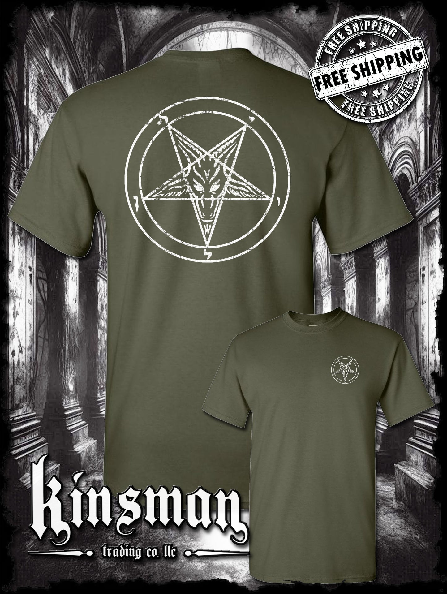 Baphomet Satanic Pentagram Distressed Logo 2-Sided T-Shirt