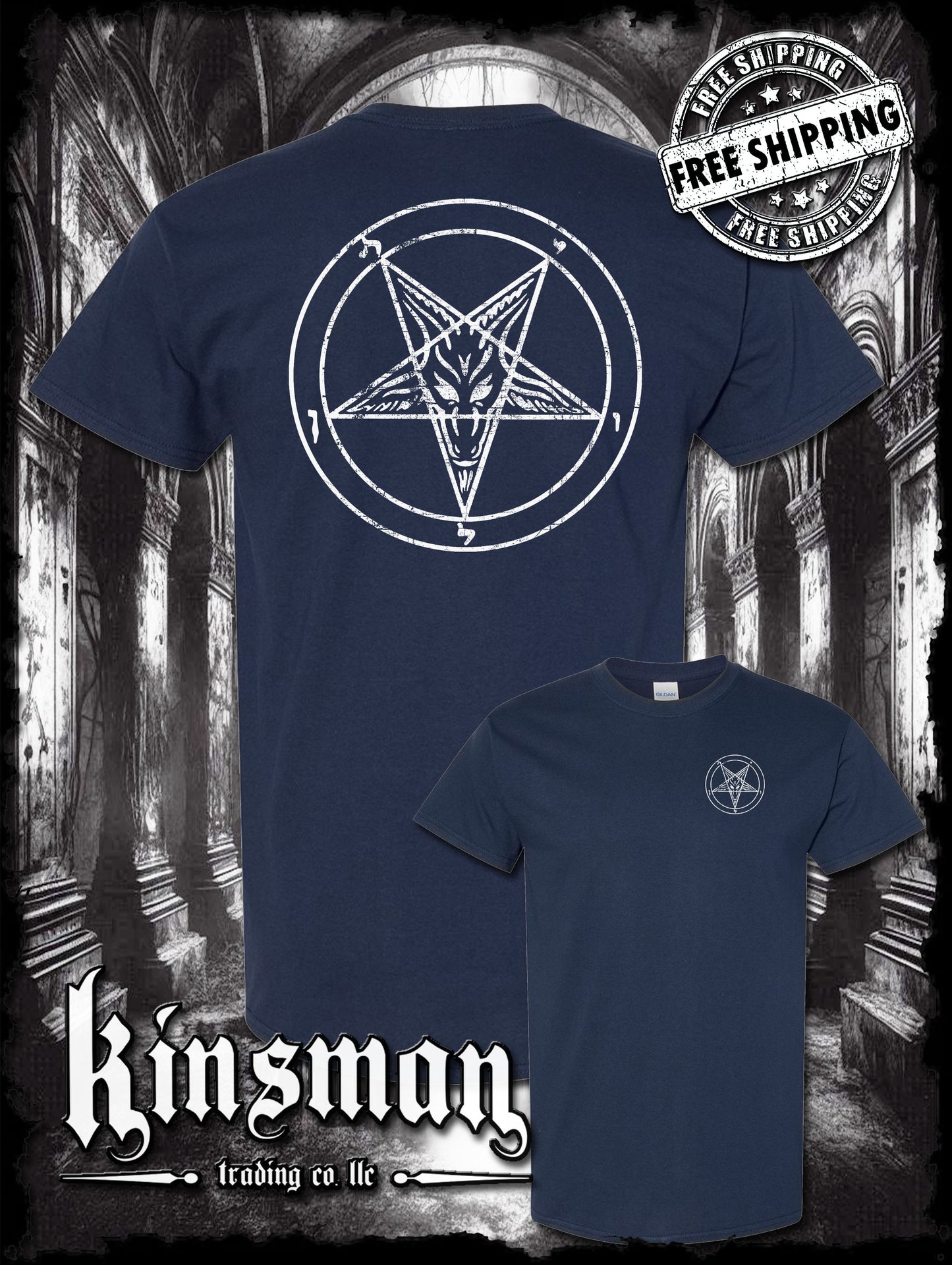 Baphomet Satanic Pentagram Distressed Logo 2-Sided T-Shirt