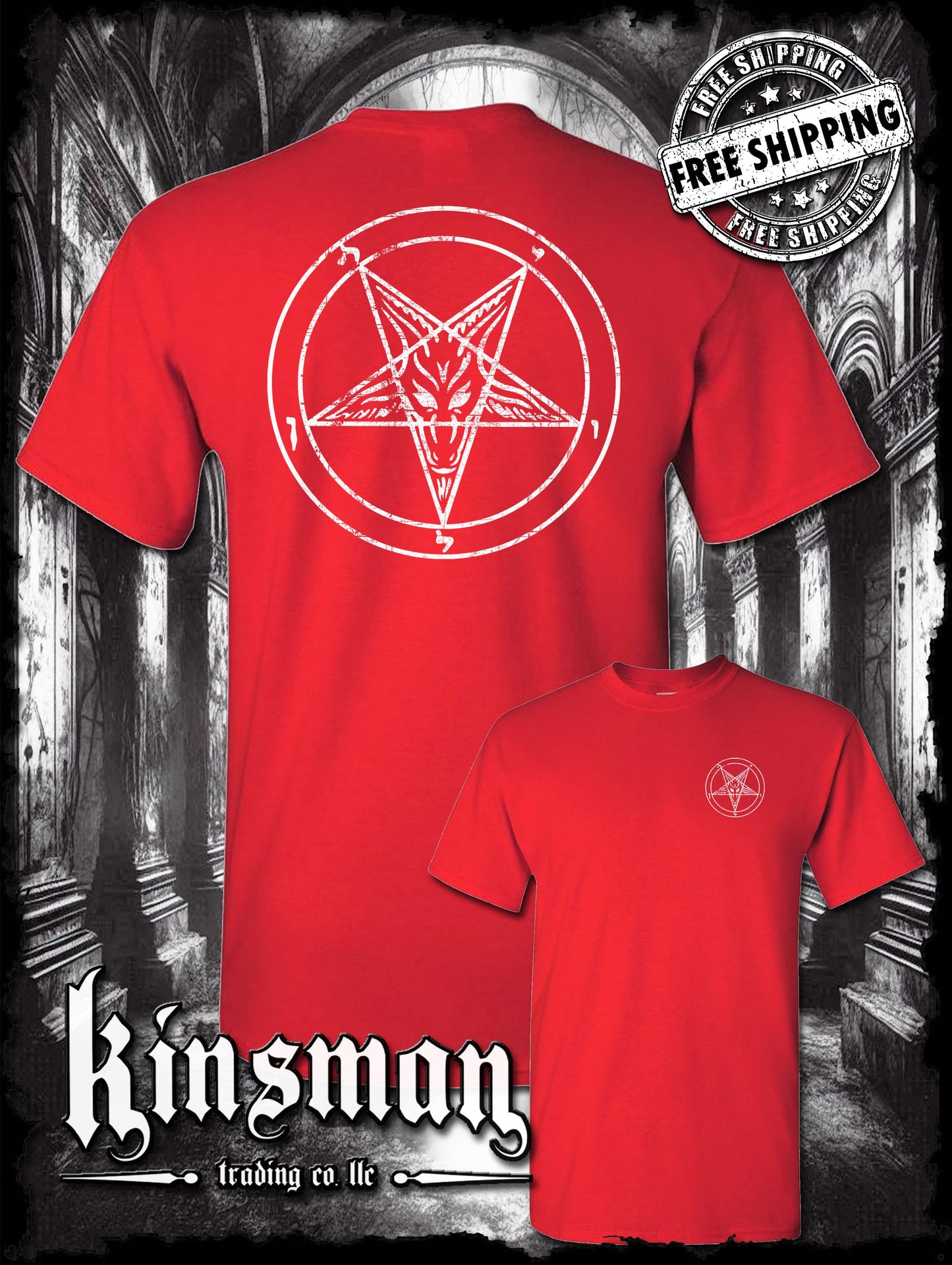 Baphomet Satanic Pentagram Distressed Logo 2-Sided T-Shirt
