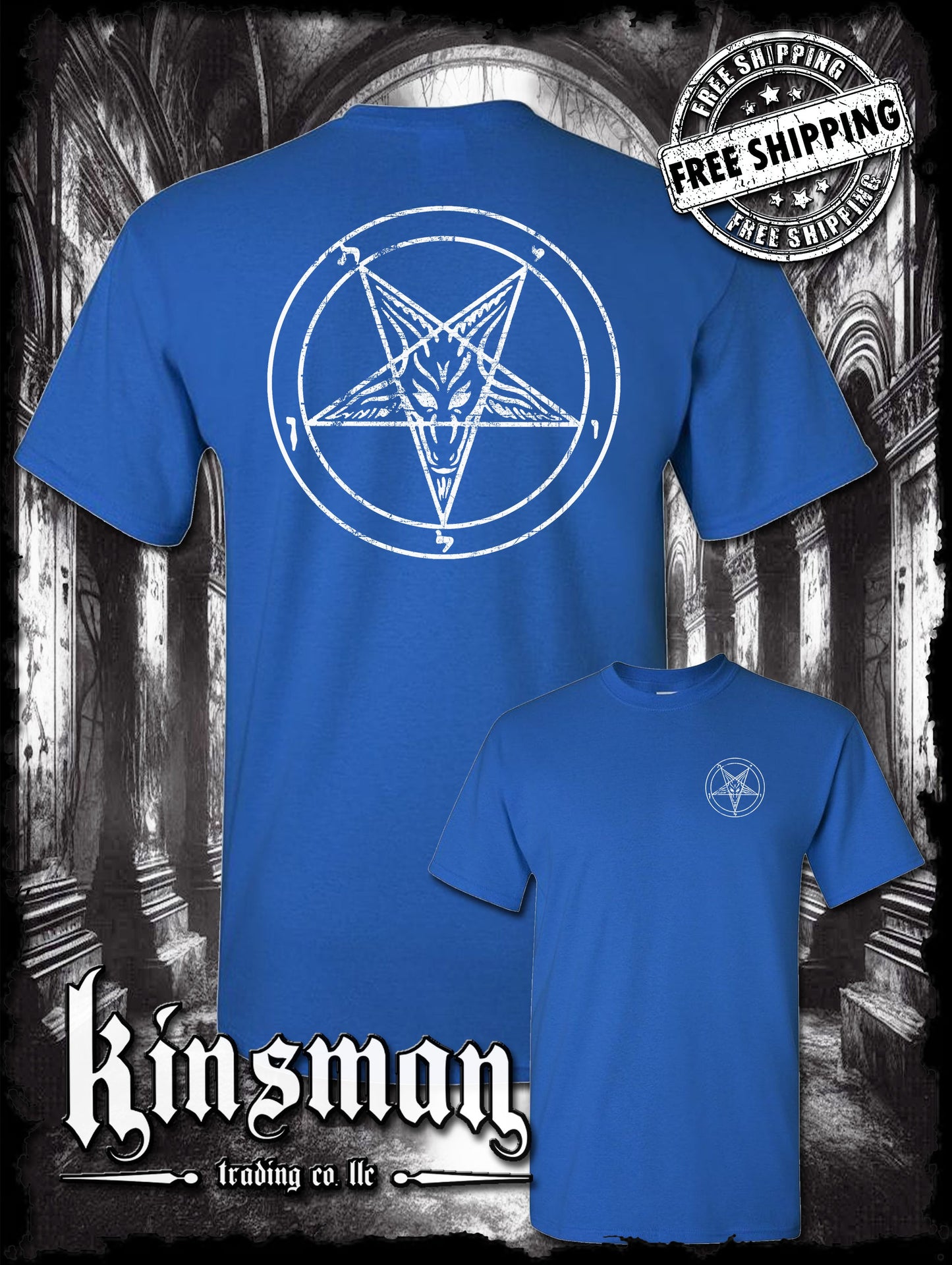 Baphomet Satanic Pentagram Distressed Logo 2-Sided T-Shirt