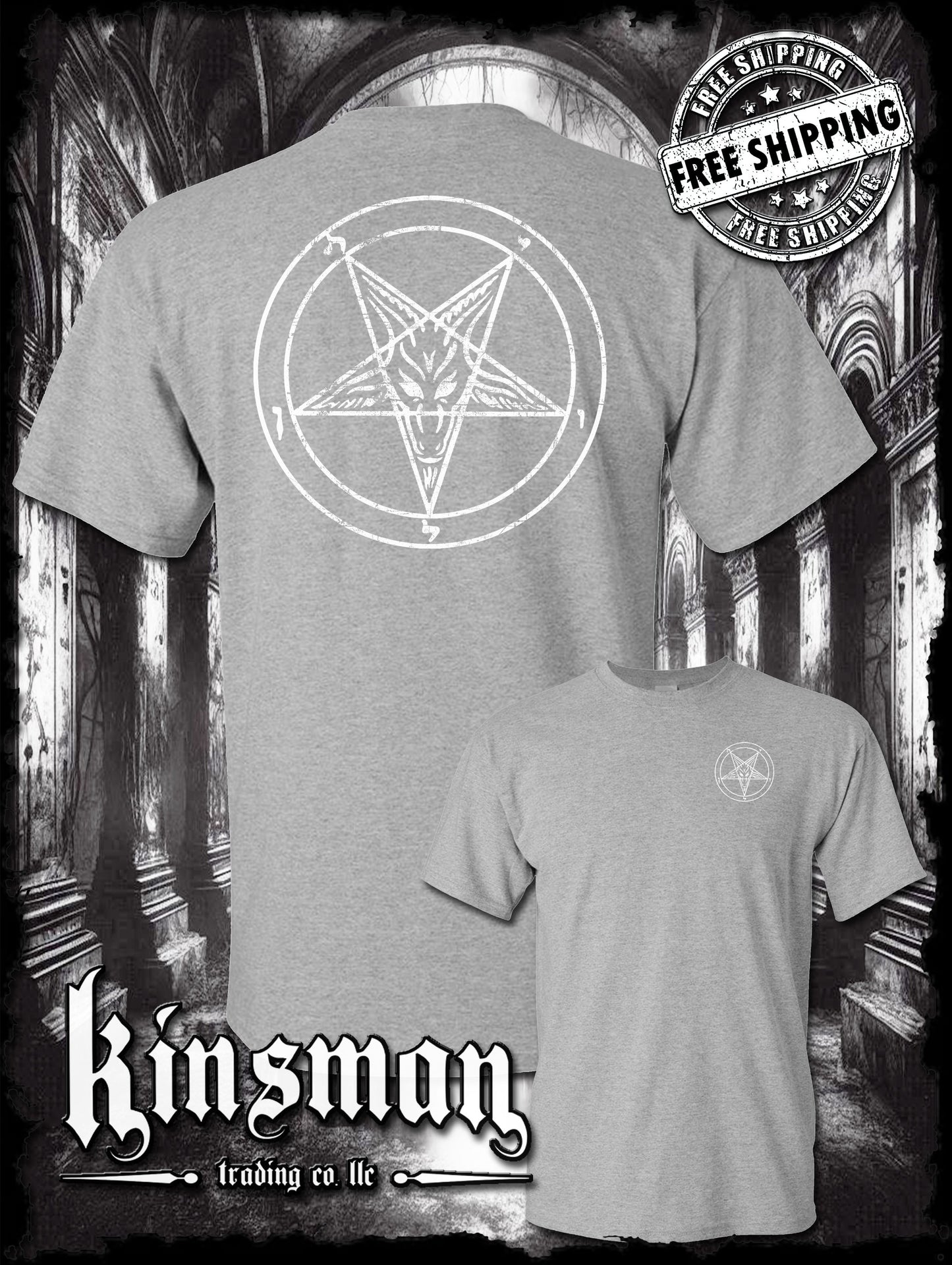 Baphomet Satanic Pentagram Distressed Logo 2-Sided T-Shirt