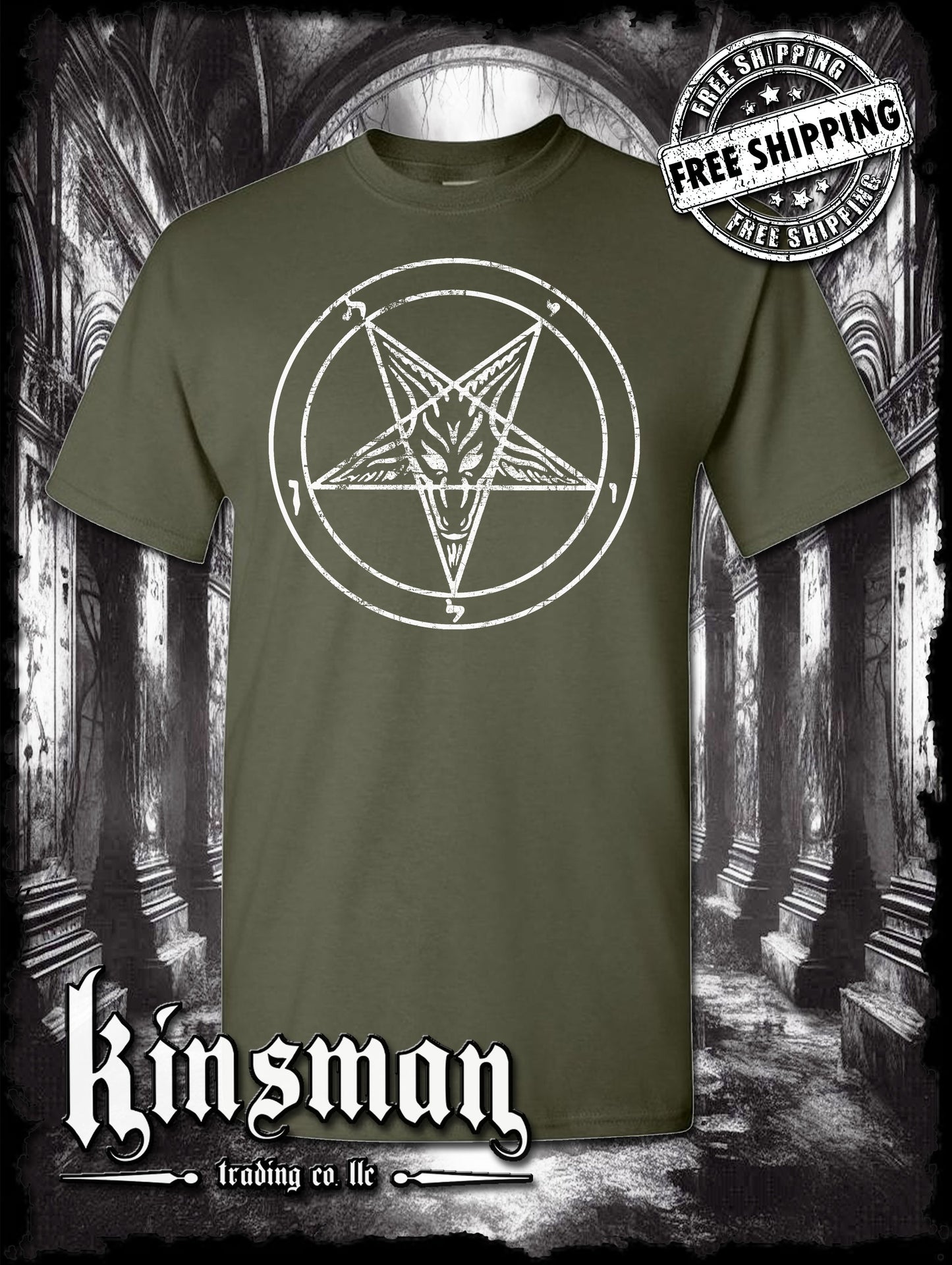 Baphomet Satanic Pentagram Distressed Logo T-Shirt