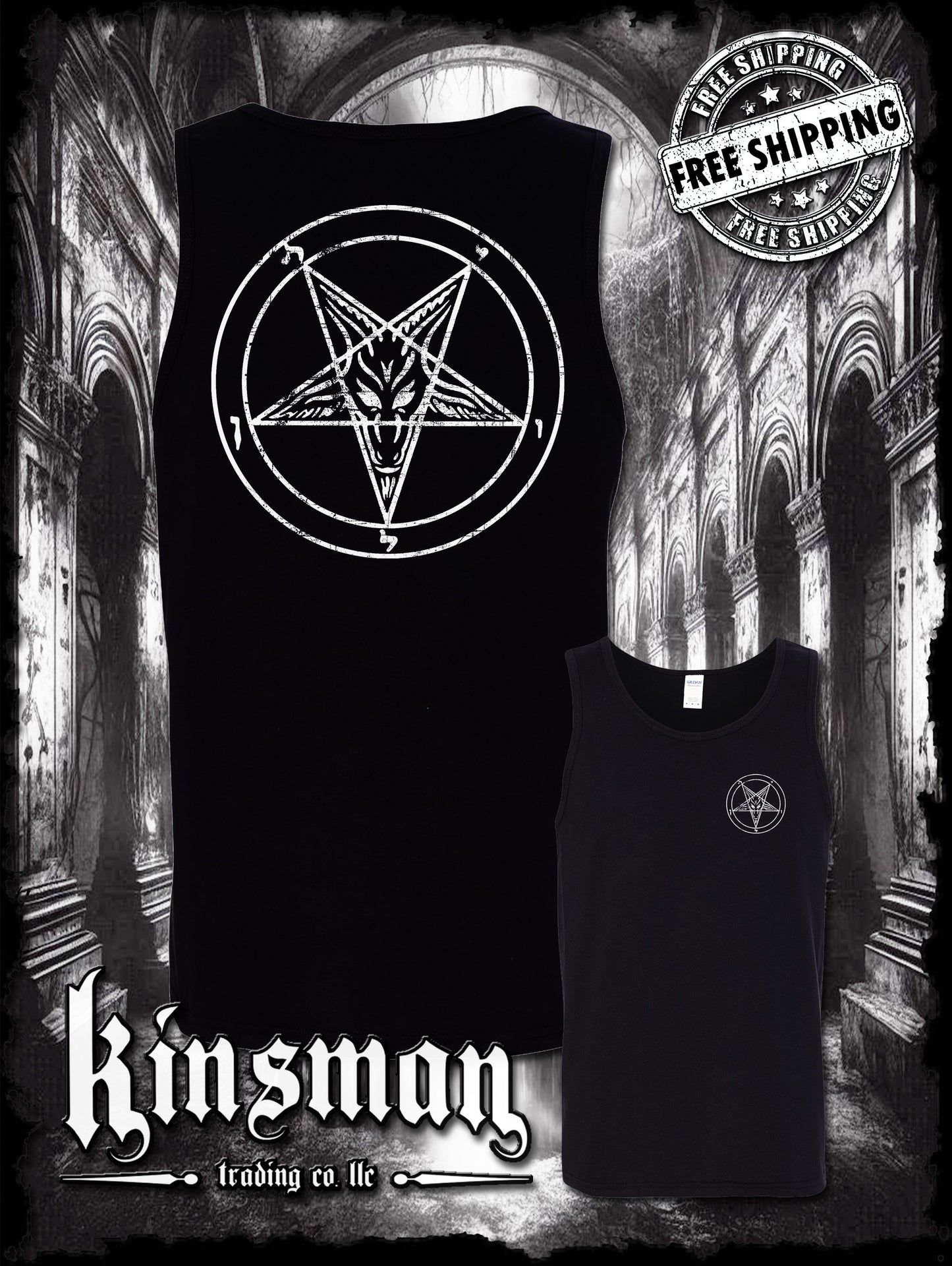 Baphomet Satanic Pentagram Distressed Logo 2-Sided Tank Top T-Shirt
