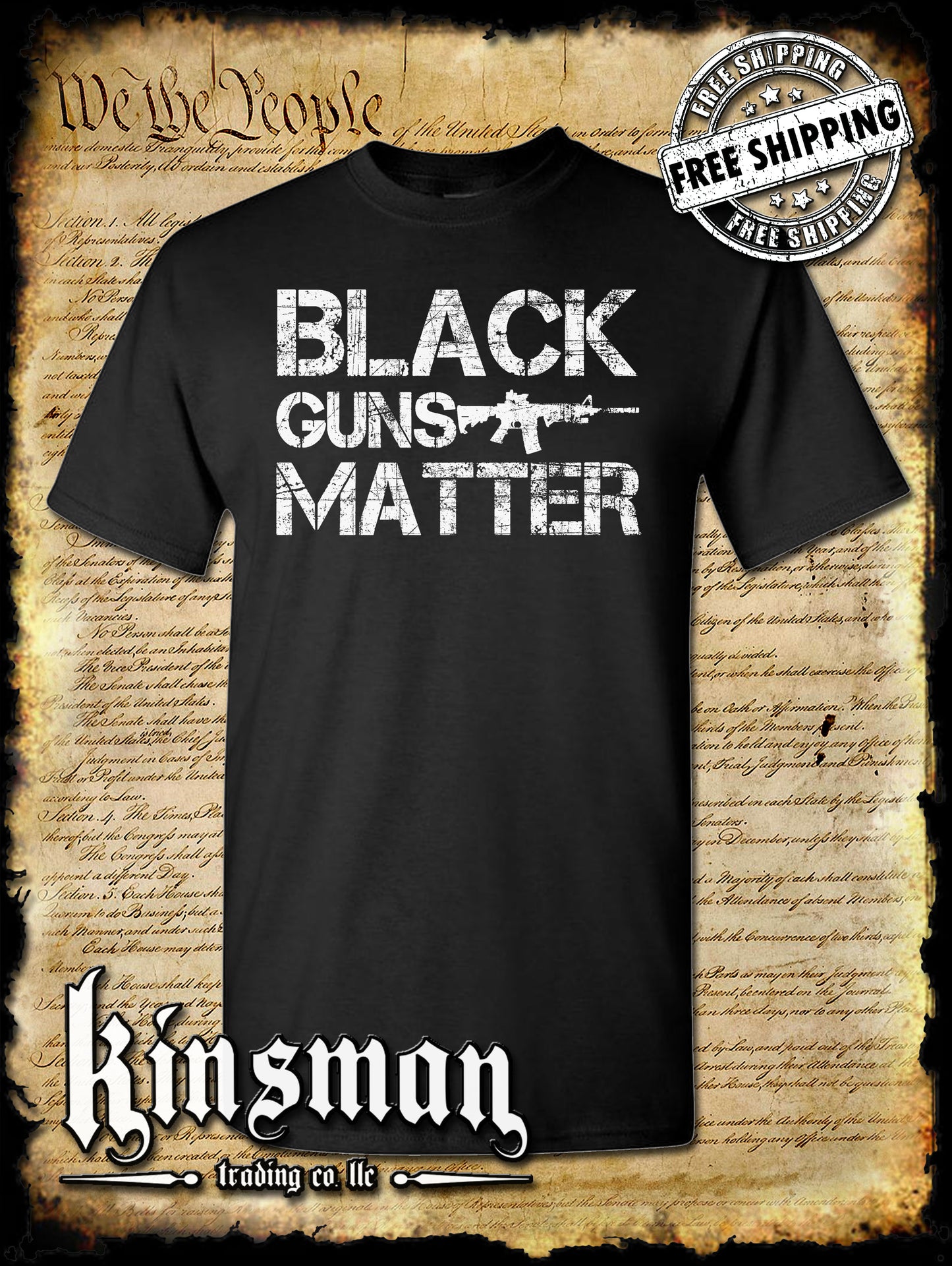 Black GUNS Matter AR-15 T-Shirt Distressed / Weathered Logo USA Pro-Gun Rights -Free Shipping-