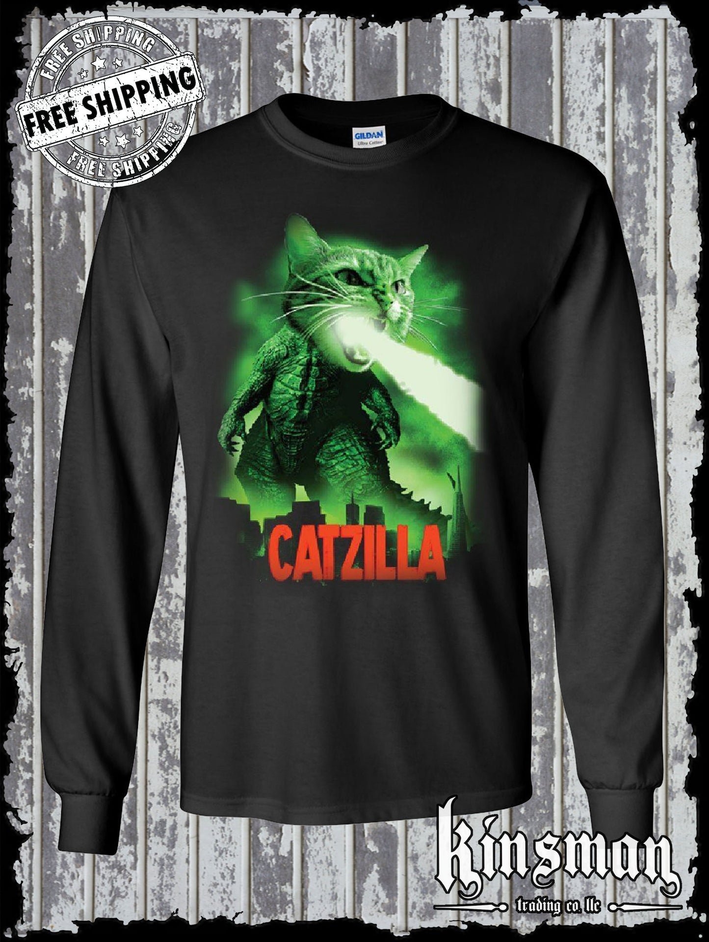 Catzilla Funny Parody Long Sleeve T-Shirt Cat Kitten Pet Atomic Breath
