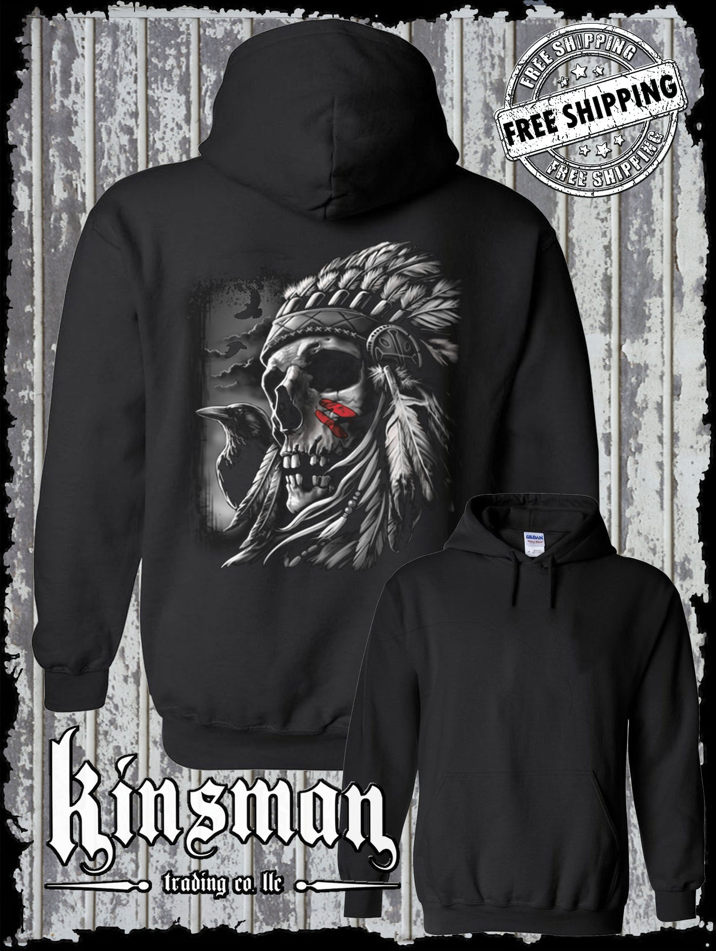 Chief Skull Native American Indian Hoodie / Sweatshirt War Bonnet Crows Feathers