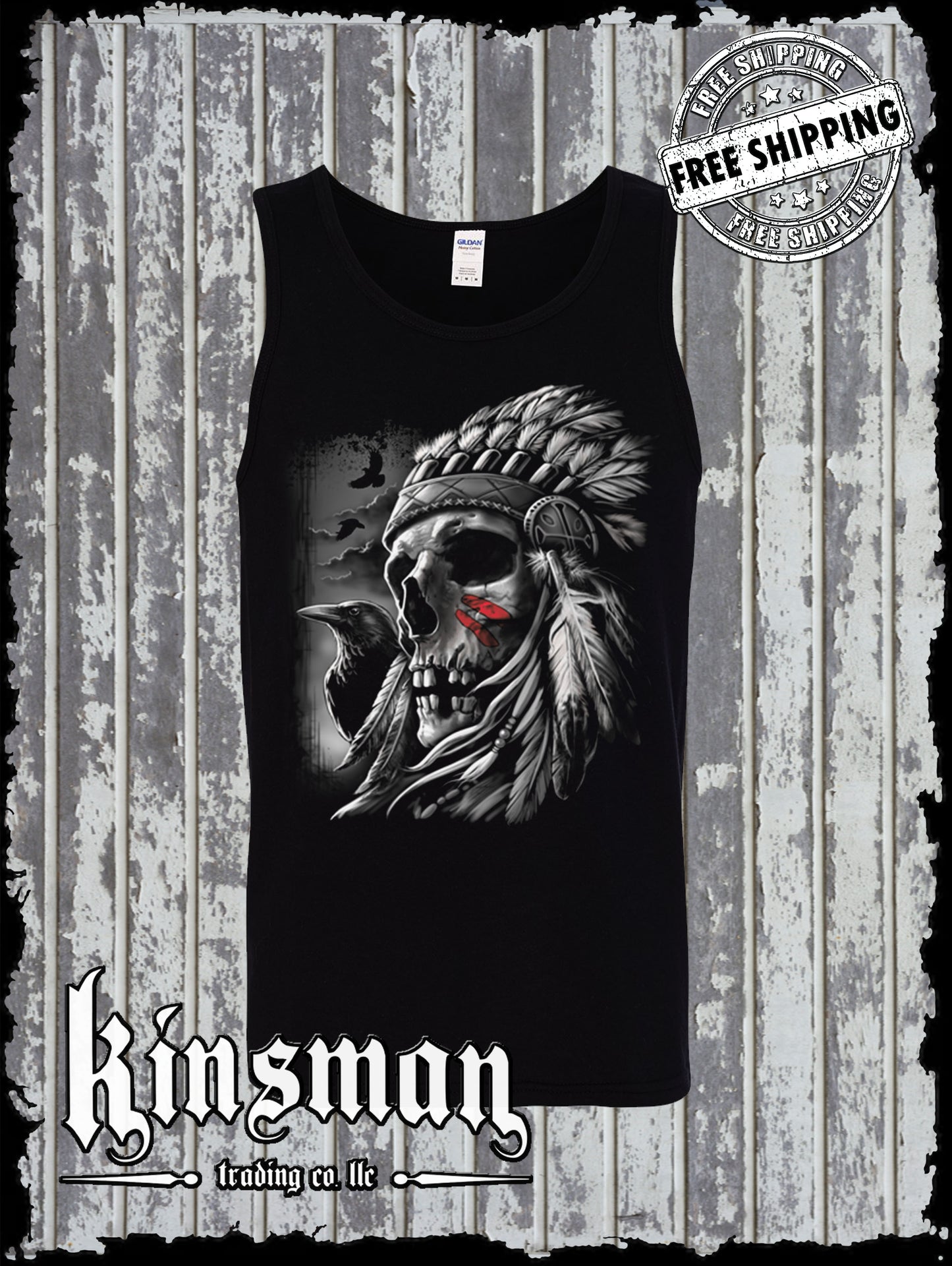Chief Skull Native American Indian Tank Top T-Shirt War Bonnet Crows Feathers