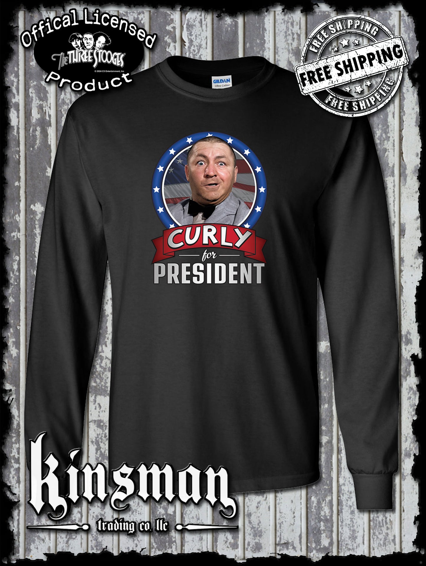 Three Stooges Curly For President Long Sleeve T-Shirt