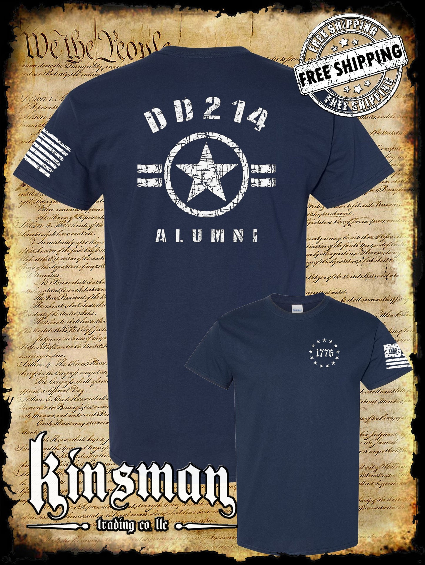 DD214 Alumni 2-Sided T-Shirt / US Army Marines Navy Military Coast Guard Flag
