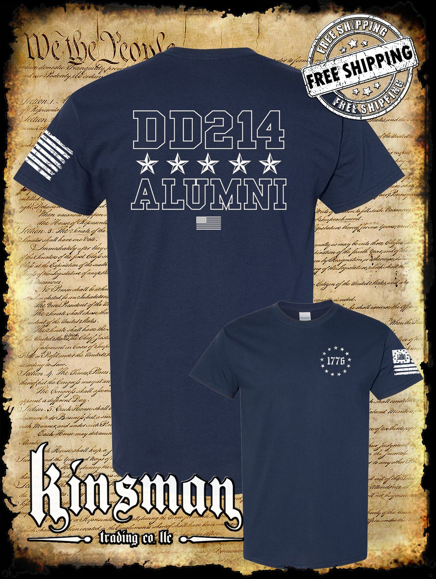DD214 Alumni Stars USA Military 2-Sided T-Shirt Army Marines Navy Air Force Veteran