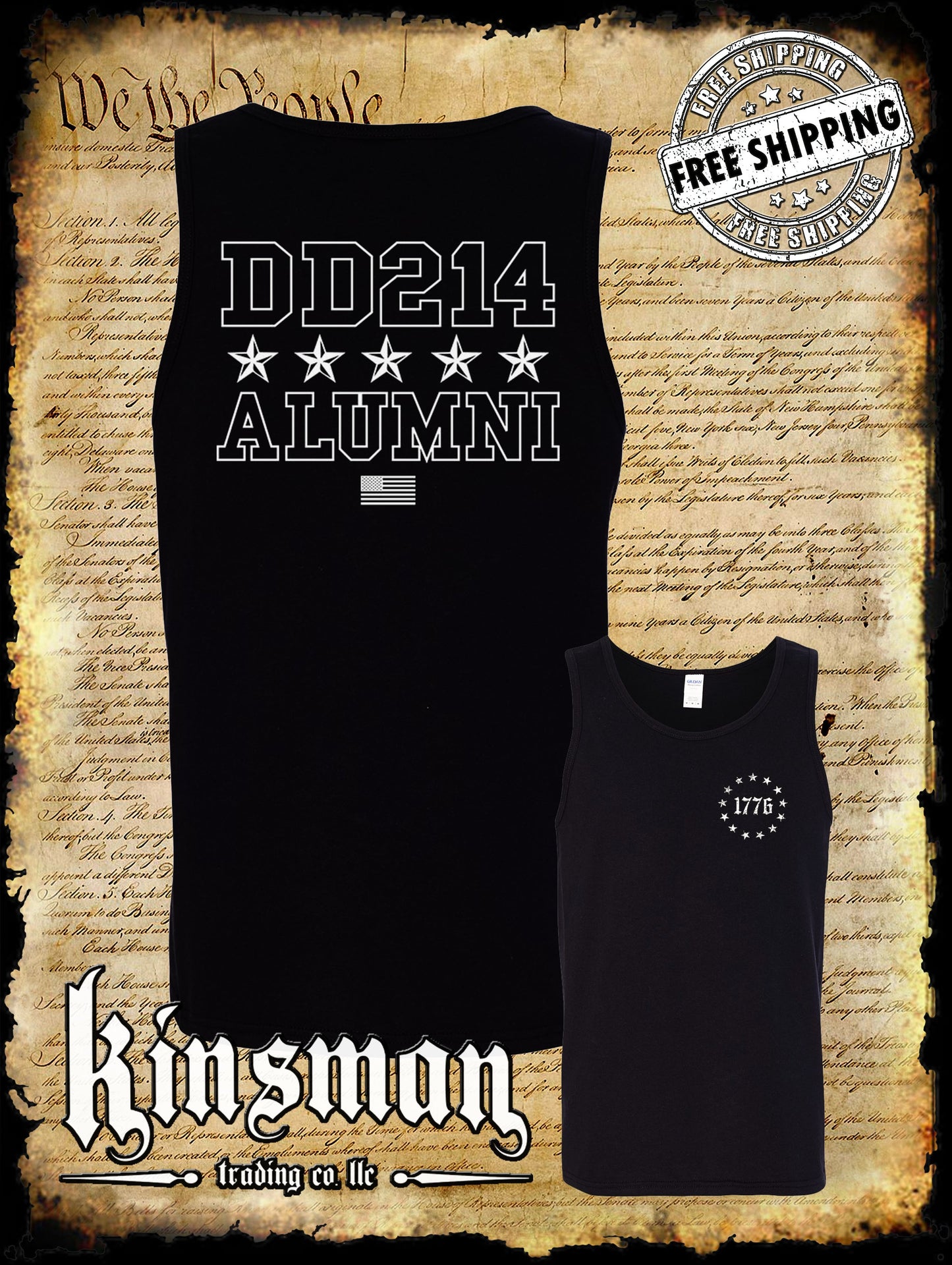 DD214 Alumni Stars USA Flag Military 2-Sided Tank Top T-Shirt Army Marines Navy Veteran