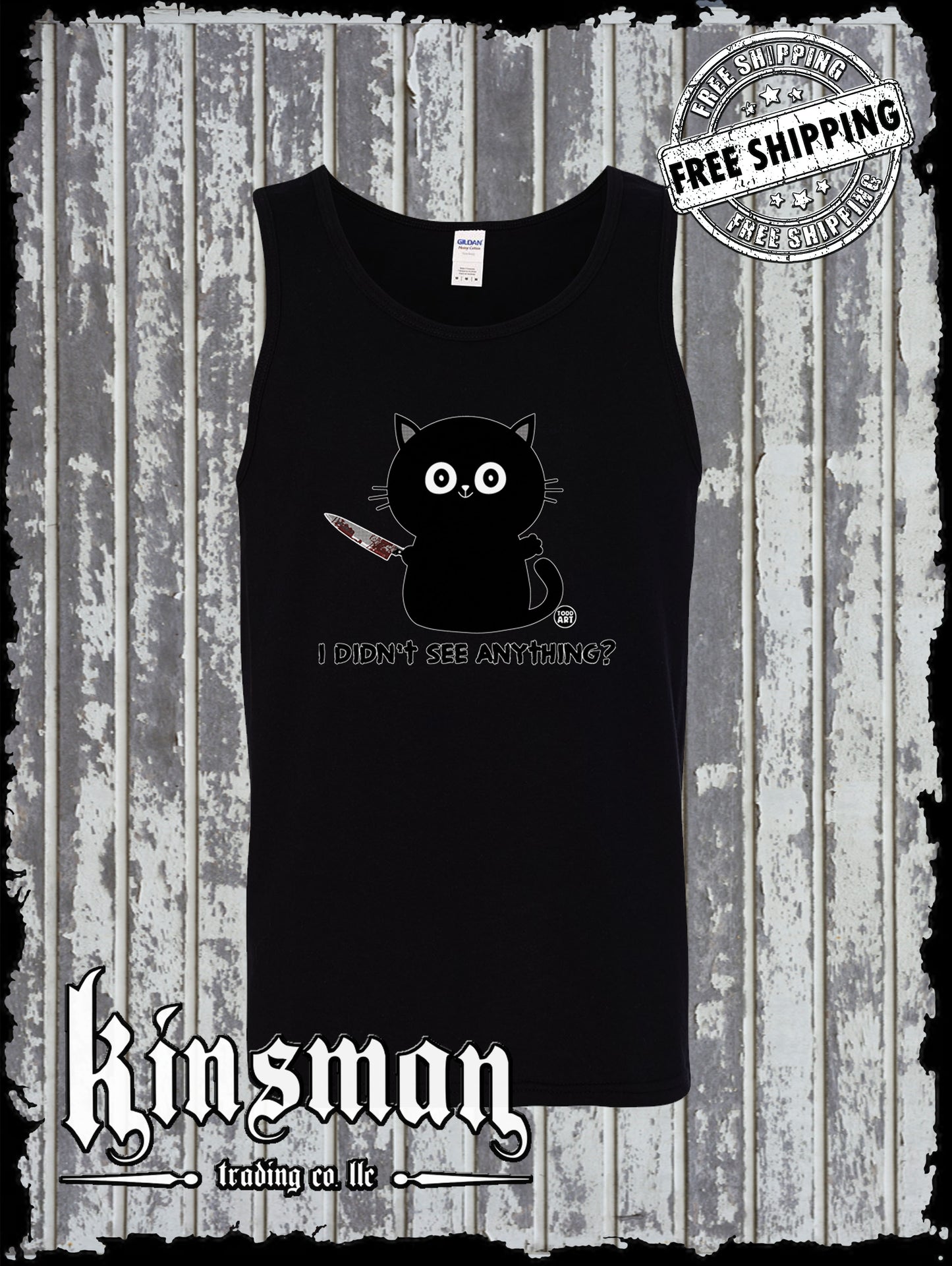I Didn't See Anything Black Cat & Bloody Knife Tank Top T-Shirt Todd Goldman Licensed Halloween Horror