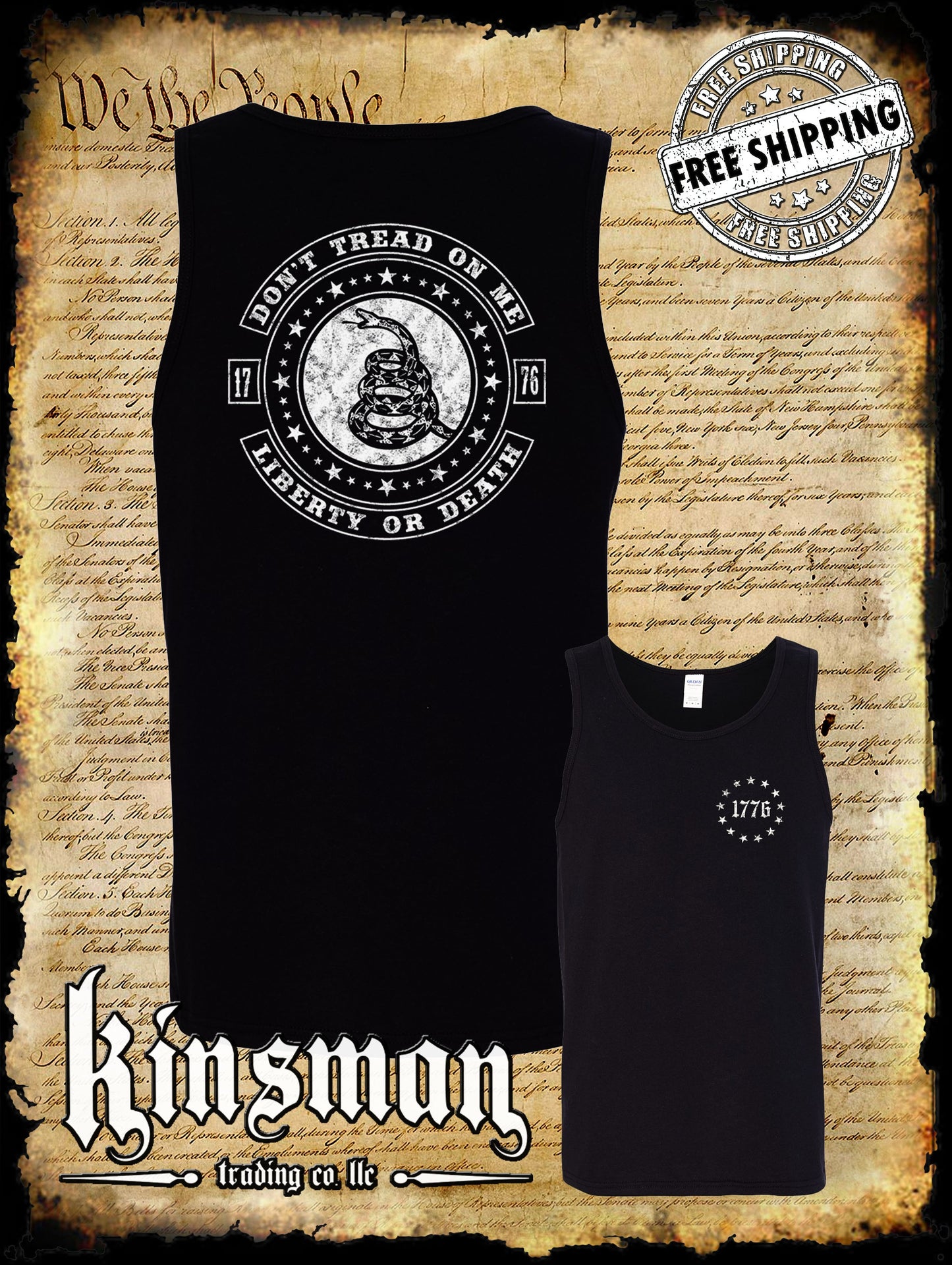 Don't Tread On Me LIBERTY or DEATH Rattlesnake 2-Sided Tank Top T-Shirt 2nd Amendment Pro Gun USA
