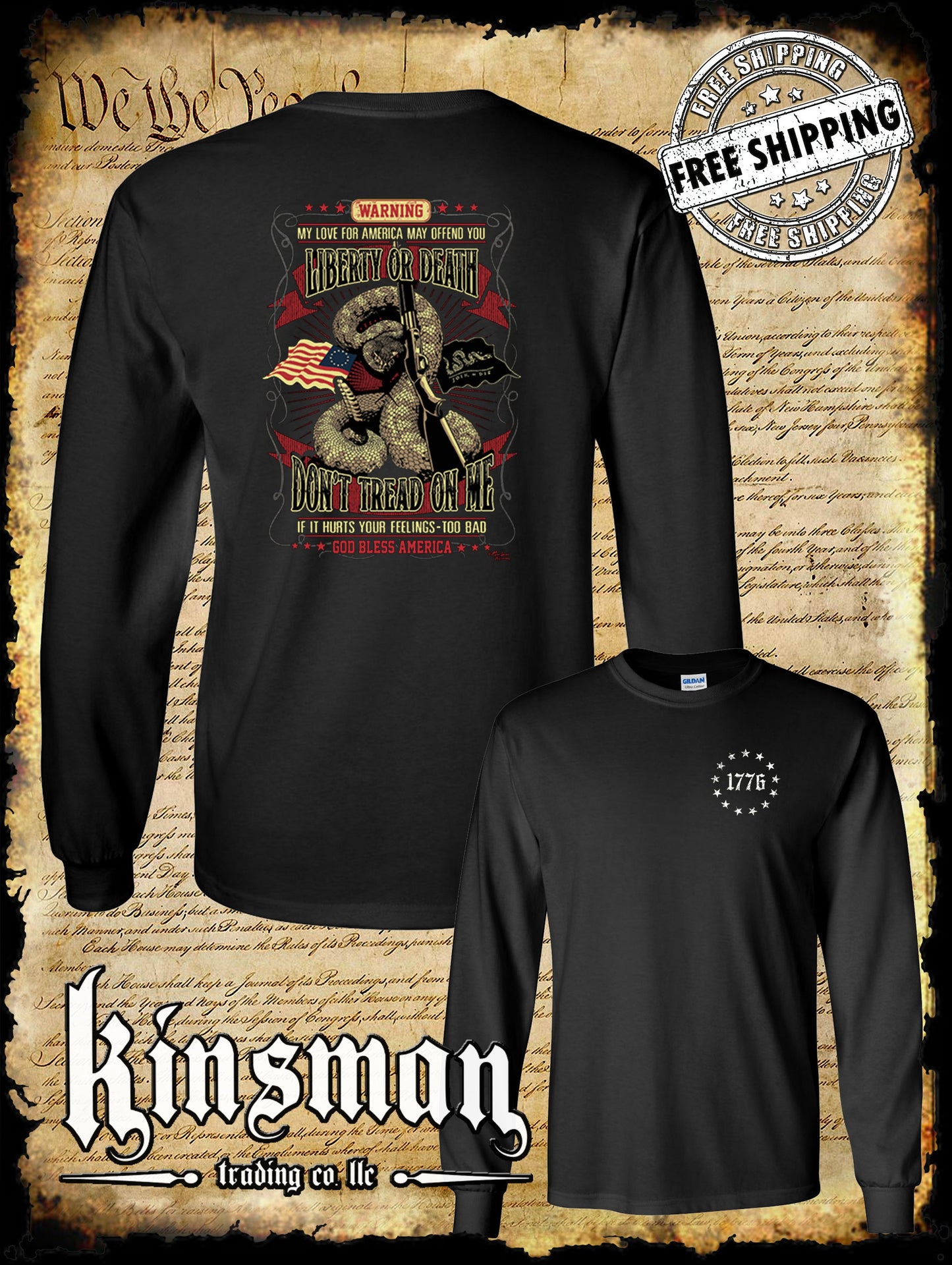 Liberty or Death Don't Tread on Me Rattlesnake Shotgun 2-Sided Long Sleeve T-Shirt 1776