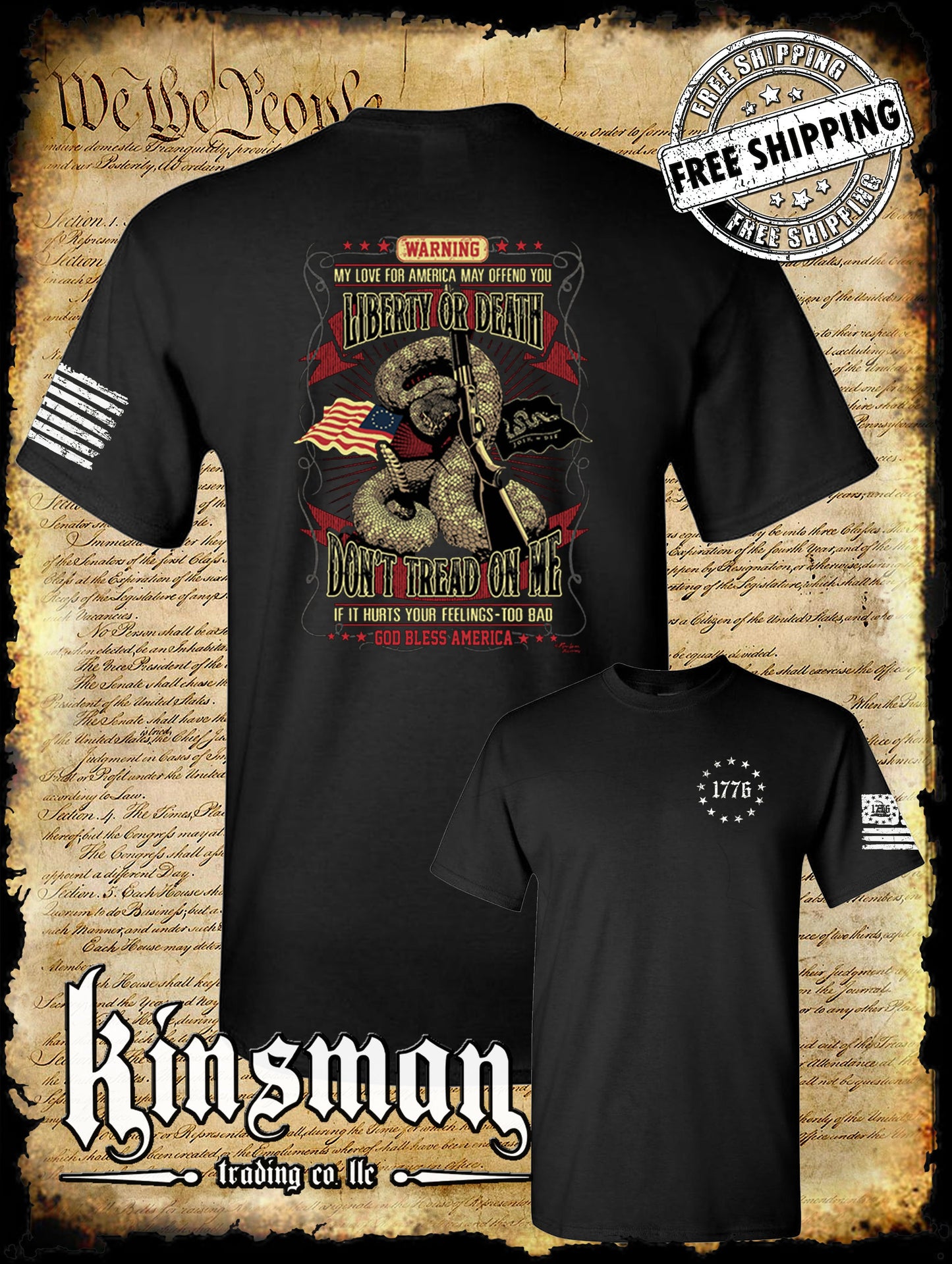 Liberty or Death Don't Tread on Me Rattlesnake Shotgun 2-Sided T-Shirt 1776