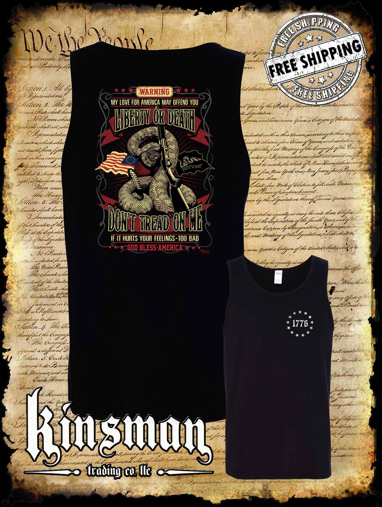 Liberty or Death Don't Tread on Me Rattlesnake Shotgun 2-Sided Tank Top T-Shirt 1776