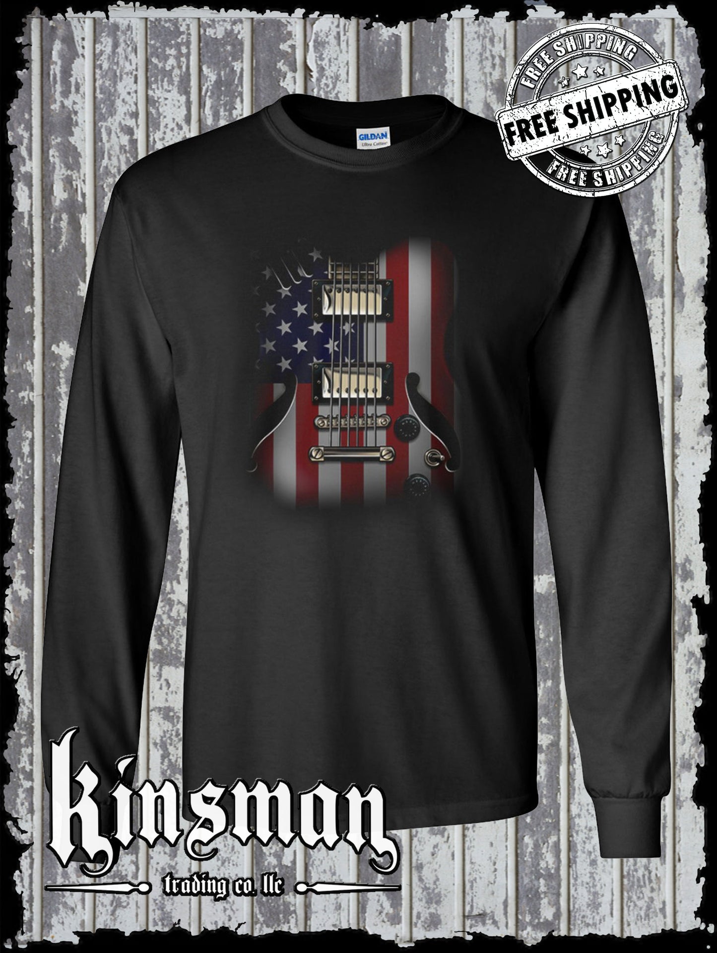 American Flag Guitar Long Sleeve T-Shirt Rock and Roll Music Art 4th of July Tee