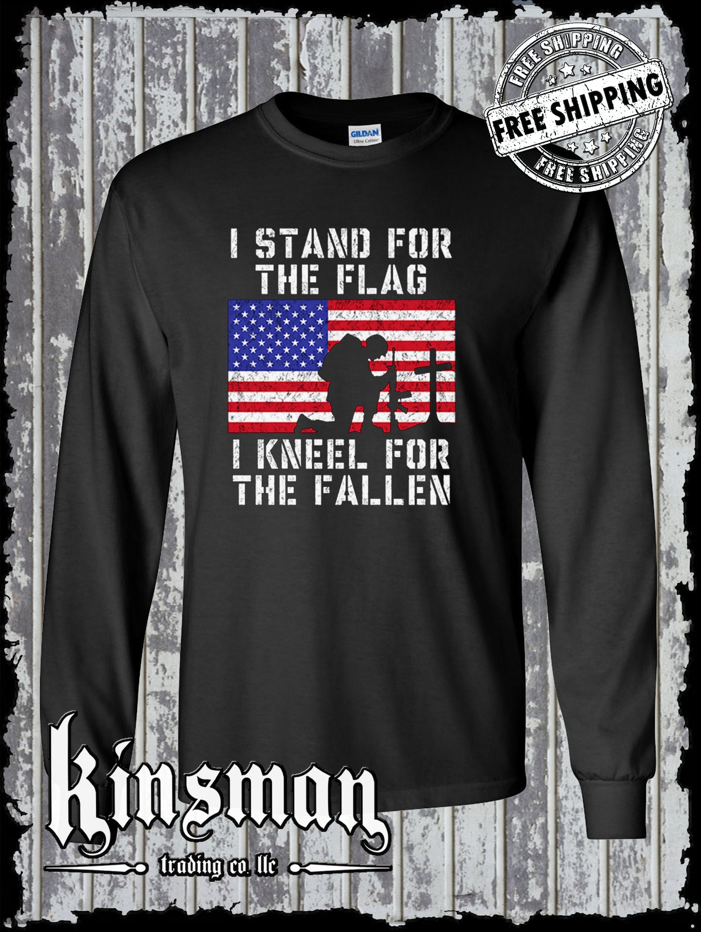 I Stand for the Flag I Kneel for the Fallen Long Sleeve T Shirt American Flag Cross USA