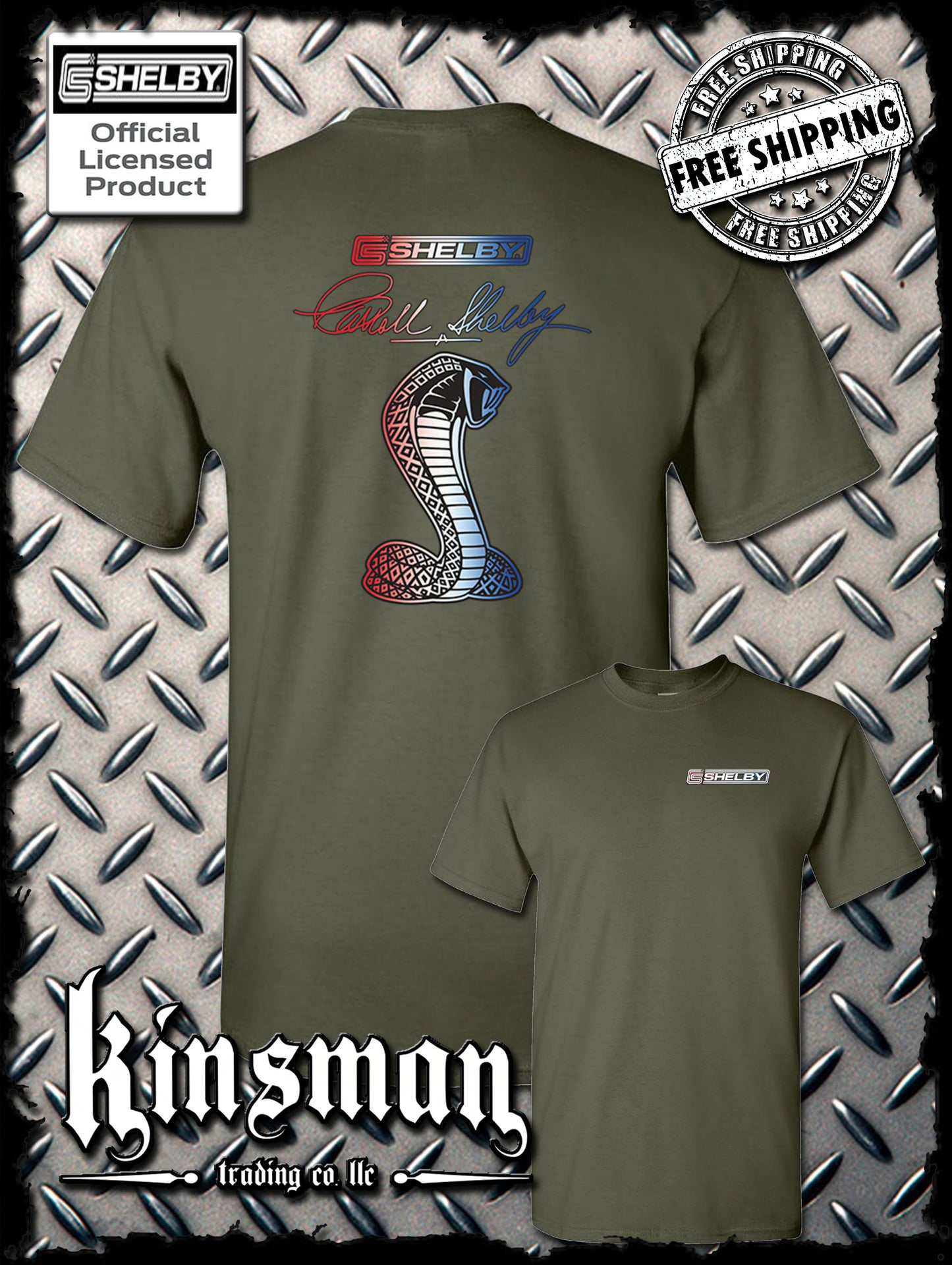 Carroll Shelby Red White Blue Cobra USA Logo 2-Sided T-Shirt