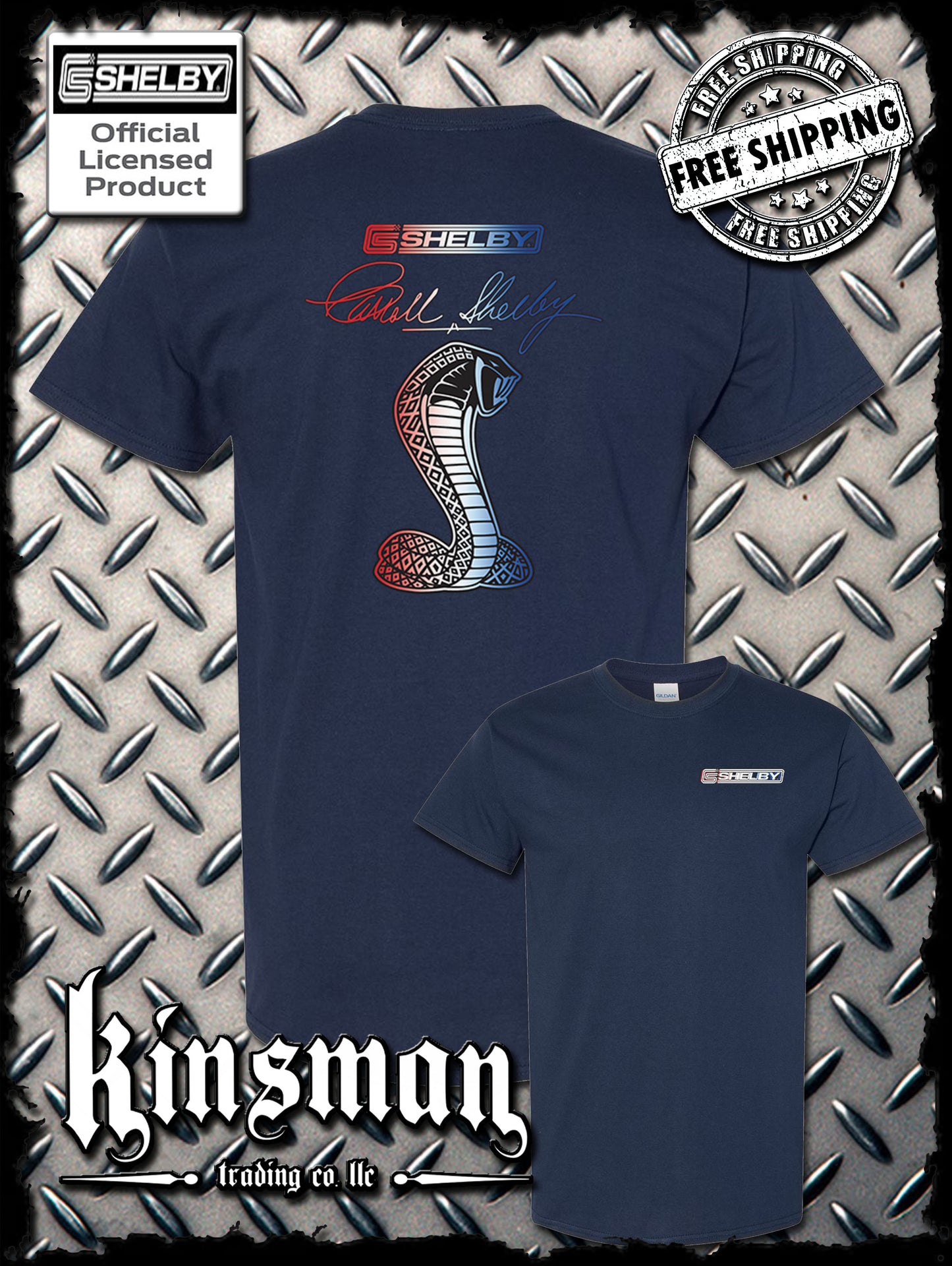 Carroll Shelby Red White Blue Cobra USA Logo 2-Sided T-Shirt