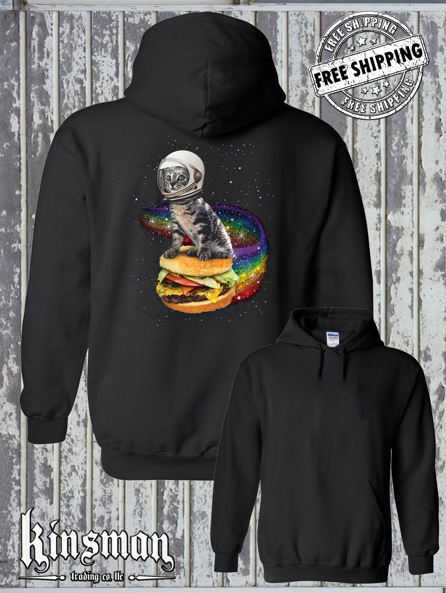 Astronaut Cat Flying a Rainbow Cheeseburger Hoodie Sweatshirt Space Kitten