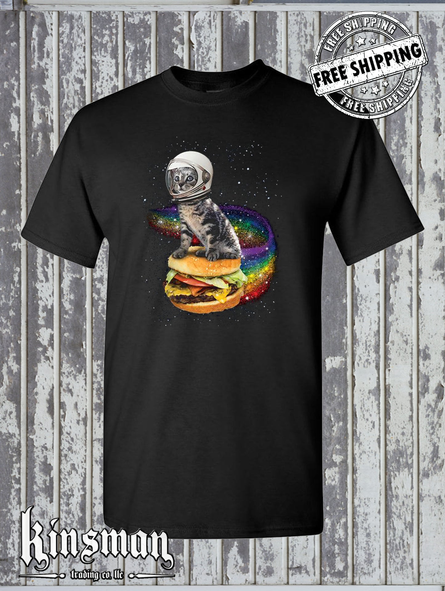 Astronaut Cat Flying a Rainbow Cheeseburger T-Shirt Space Kitten