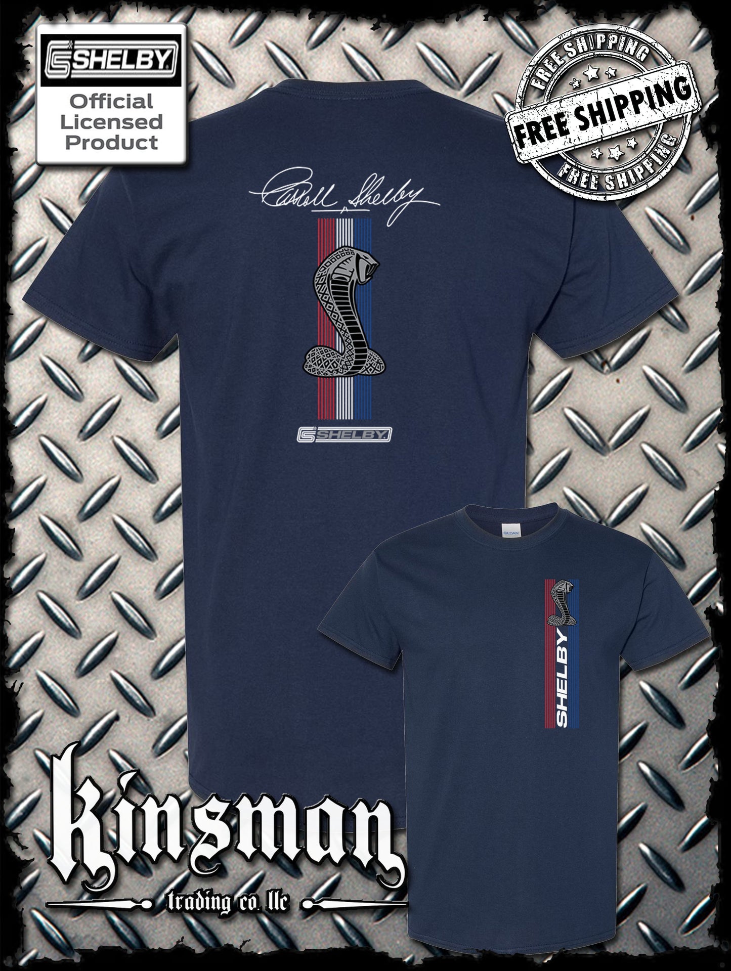 Carroll Shelby Cobra Red White Blue Stripe 2-Sided T-Shirt