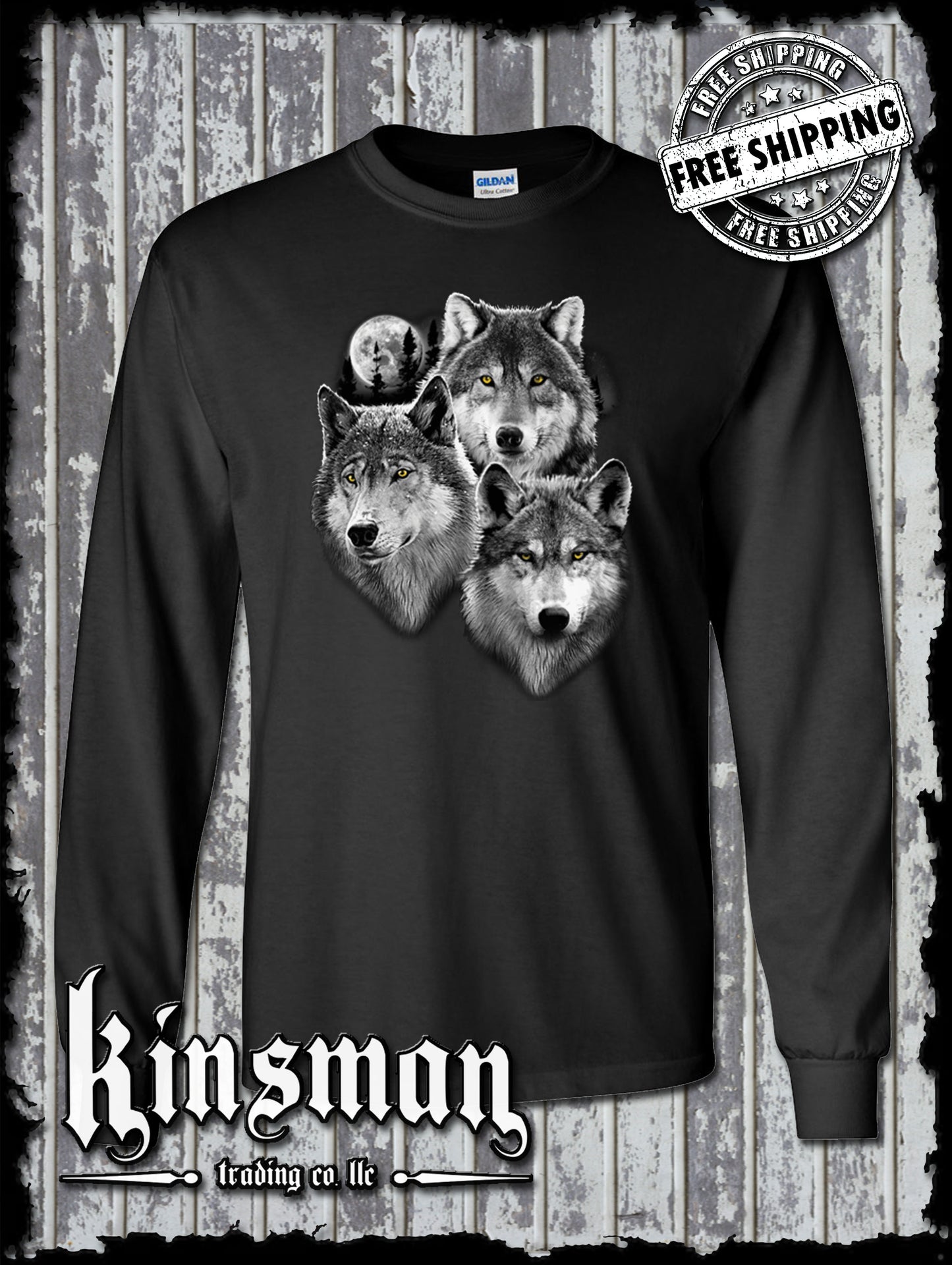 Wolves Portrait with Moon Long Sleeve T-Shirt / Wildlife Wolf Pack Indian Native American
