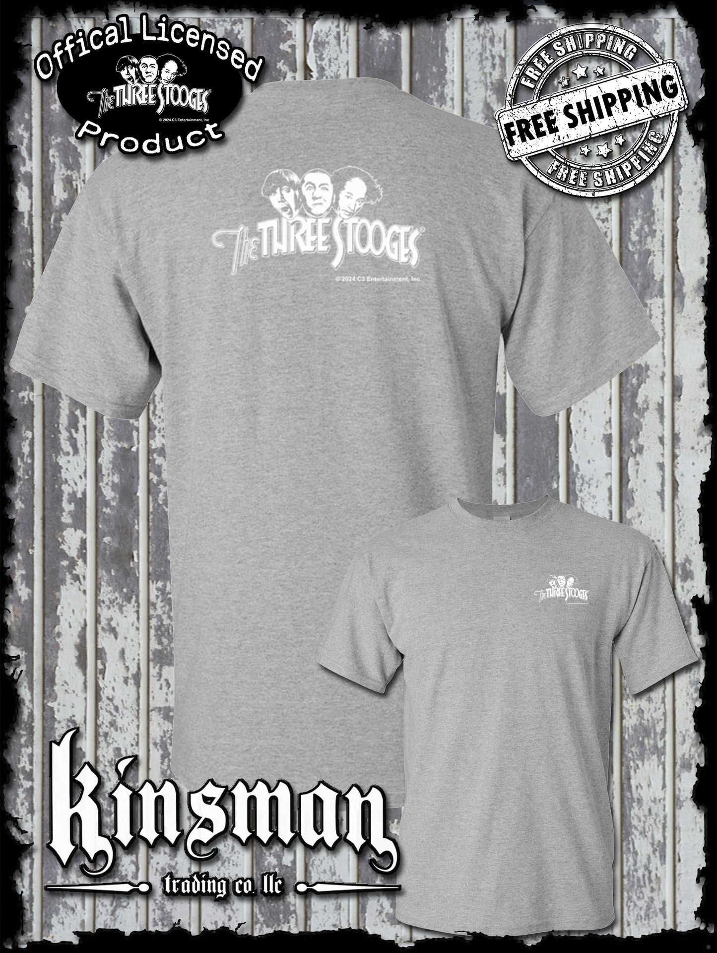 Three Stooges Classic White Logo 2-Sided T-Shirt