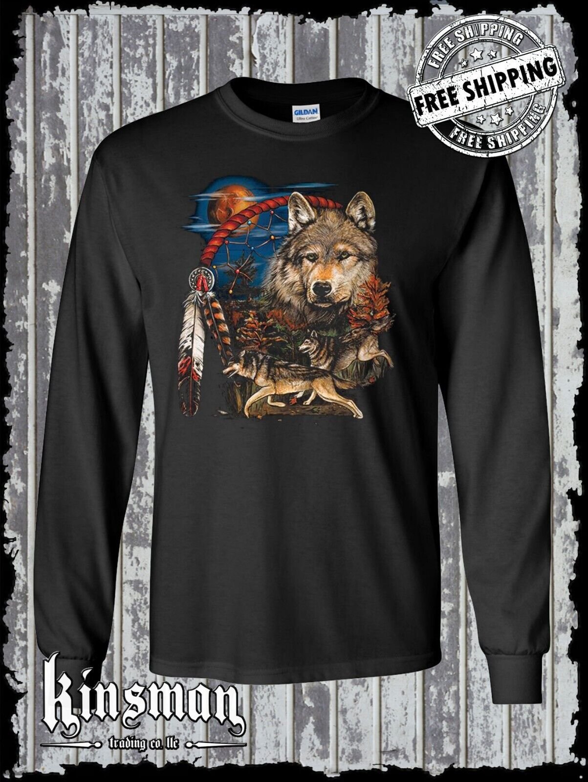 Tribesman Native American Long Sleeve T-Shirt / Wolves Dreamcatcher Indian Tee