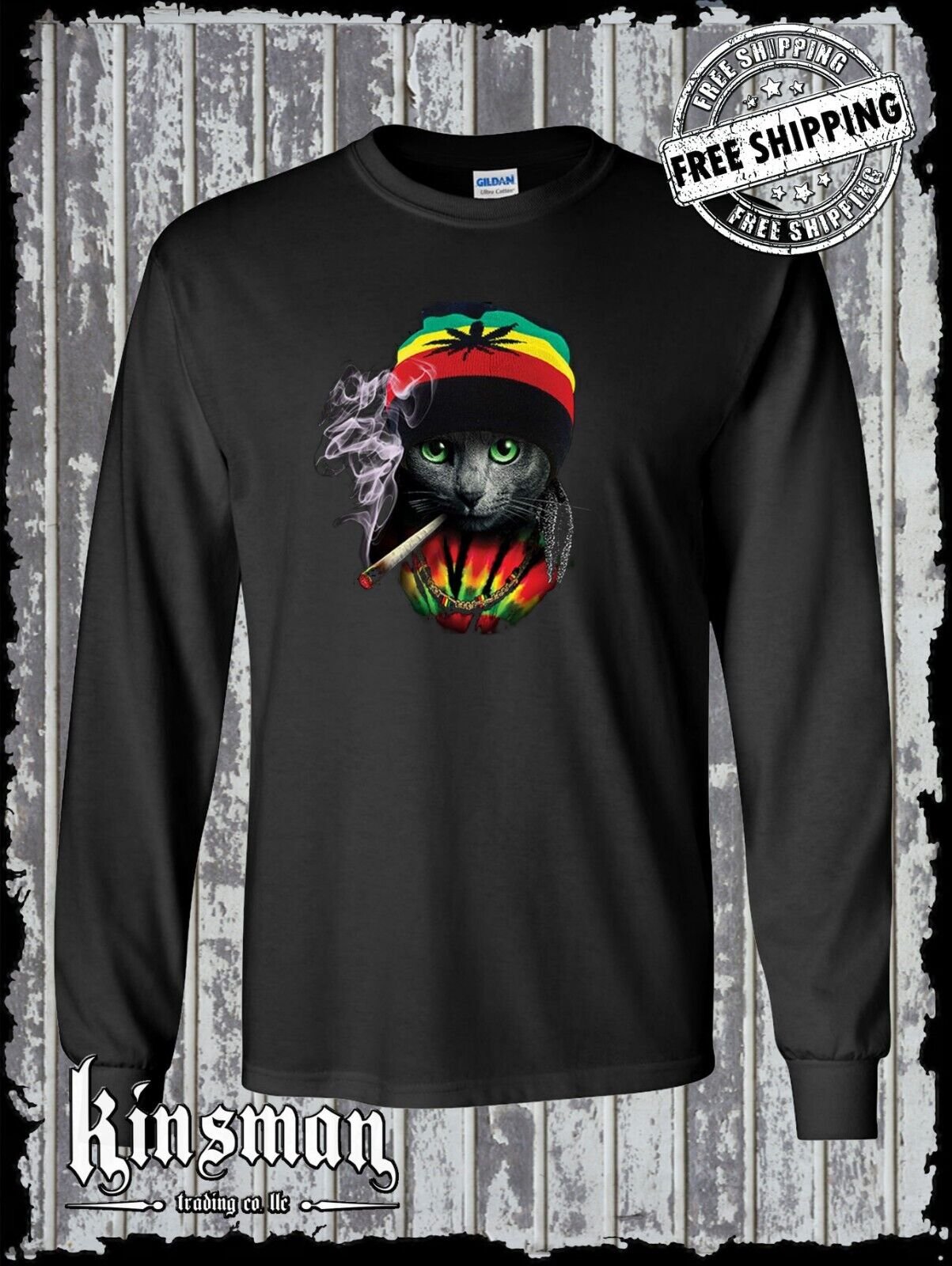 Rasta Cat Long Sleeve T-Shirt Smoking Joint Jamaica Marijuana Pot Weed Cannabis