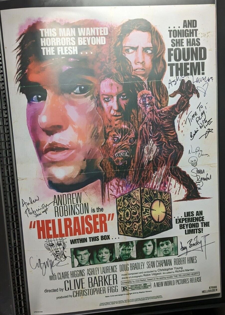 Hellraiser 27x40 Movie Poster Signed by Cast & Clive Barker w/ Pinhead Sketch