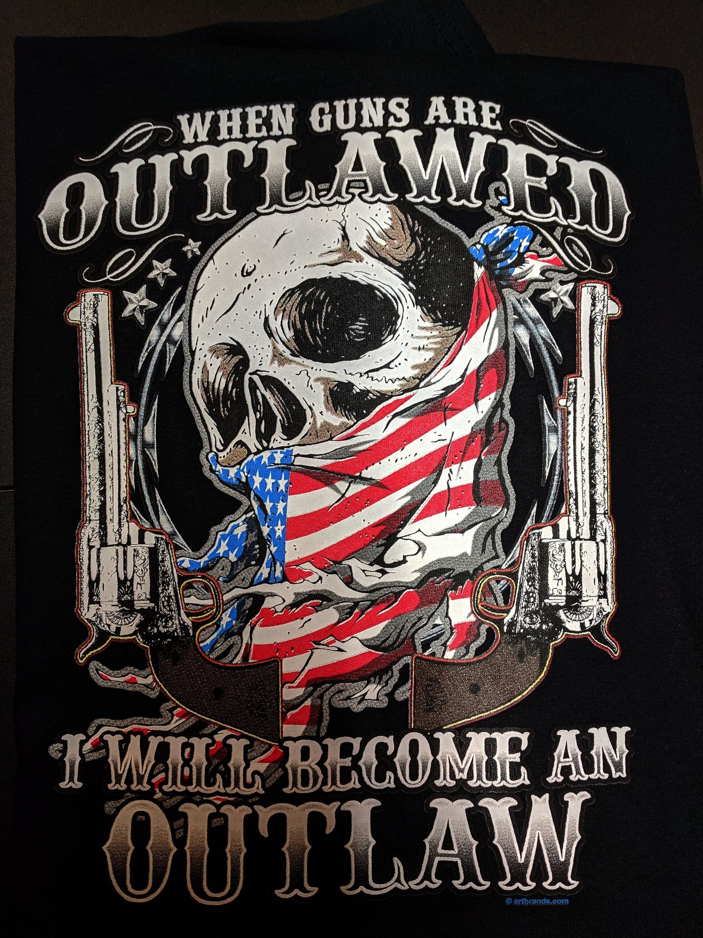 Outlaw 2nd Amendment Guns American Flag Skull T-Shirt Right to Bear Arms