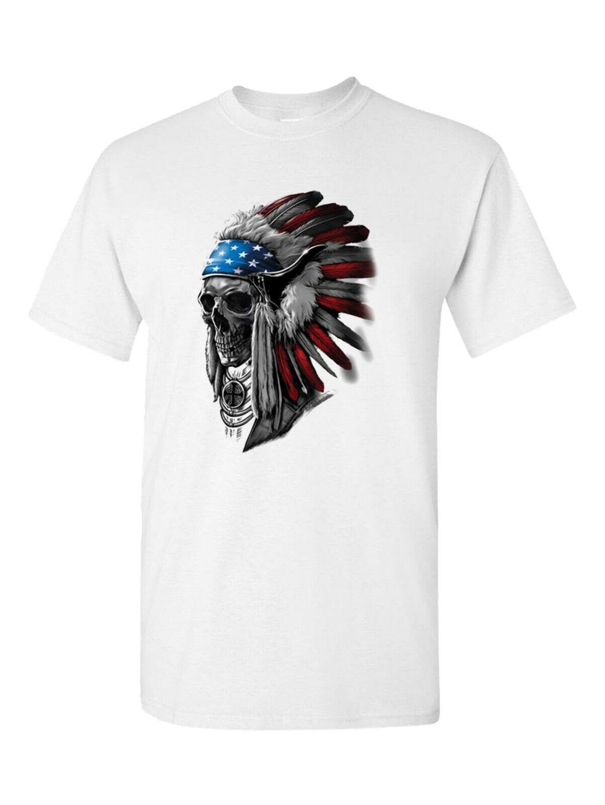Patriotic Chief Skull Native American War Bonnet Feather T-Shirt USA Freedom