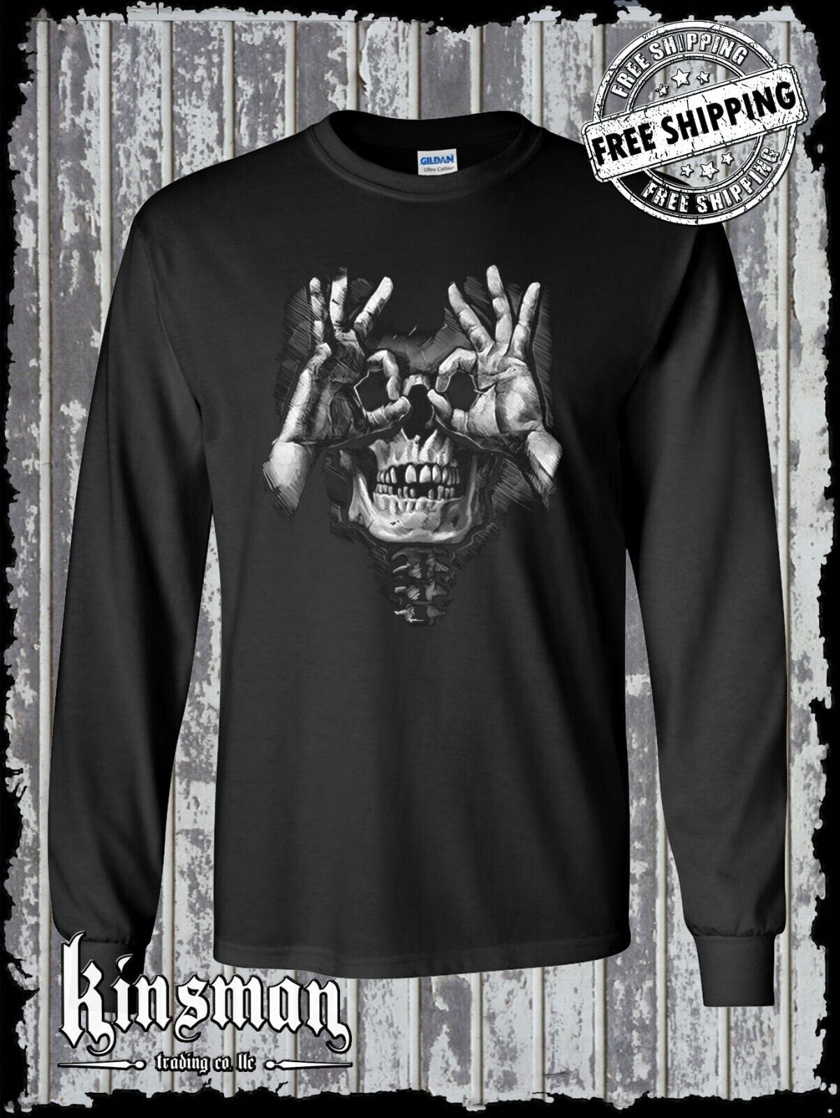 Luctus Skull Hands Long Sleeve T-Shirt Liquid Blue Design Skeleton Death Eyes