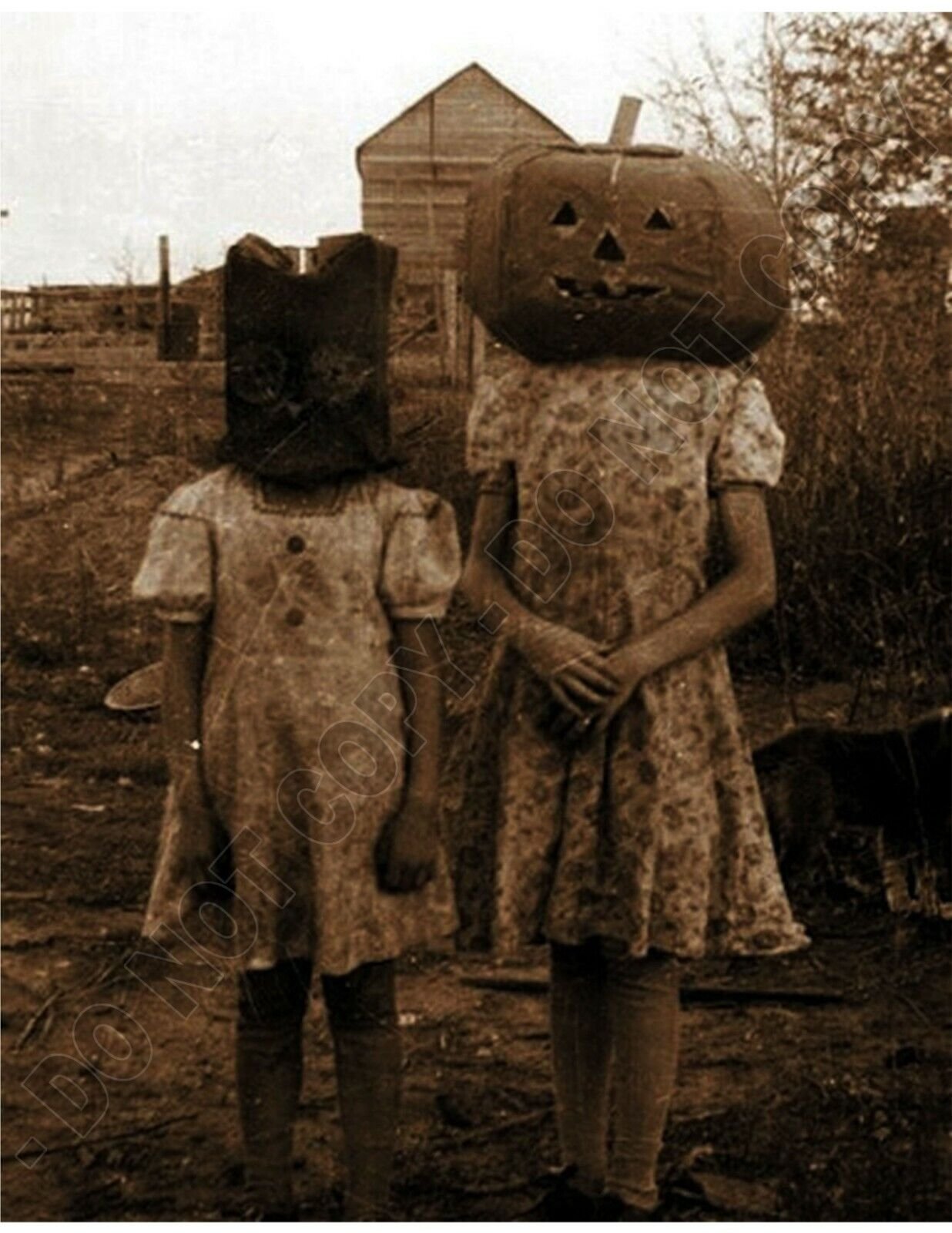 Vintage Creepy Pumpkin Mask Halloween Photo Reprint - Spooky Costumes Haunted