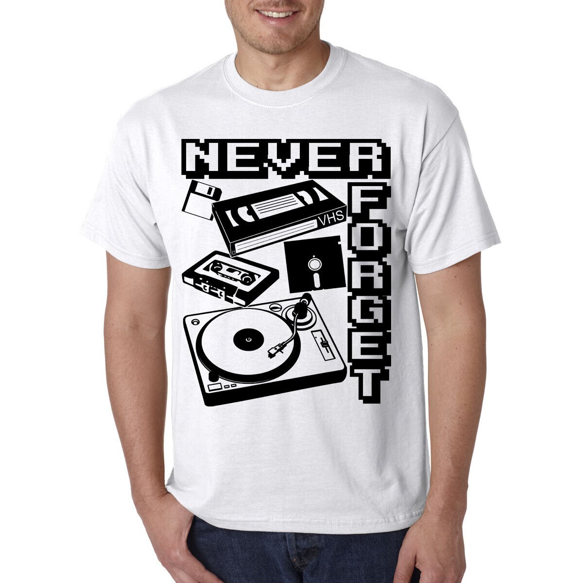 Never Forget T-Shirt / Old School Retro VHS Cassette Turntable Vinyl Record Game