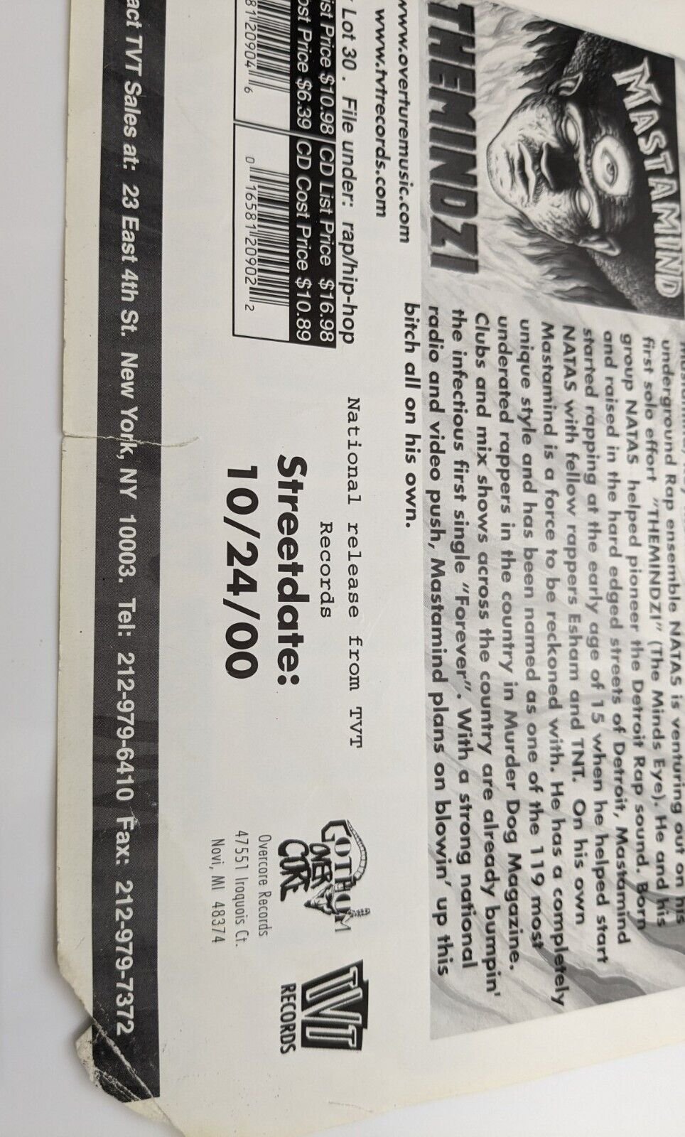 Mastamind Themindzi 8.5x11 Flyer / Press Release Street Esham Natas ICP Detroit