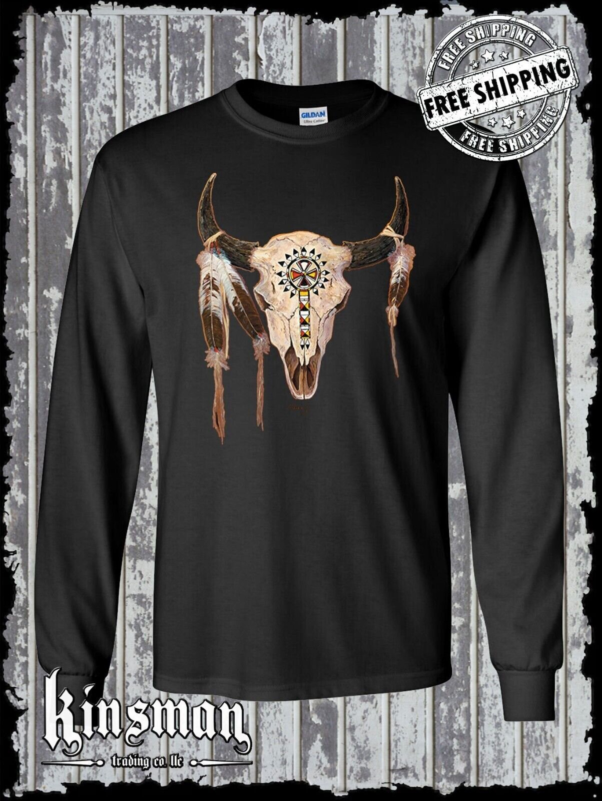Buffalo Skull Native American Feather Long Sleeve T-Shirt Indian
