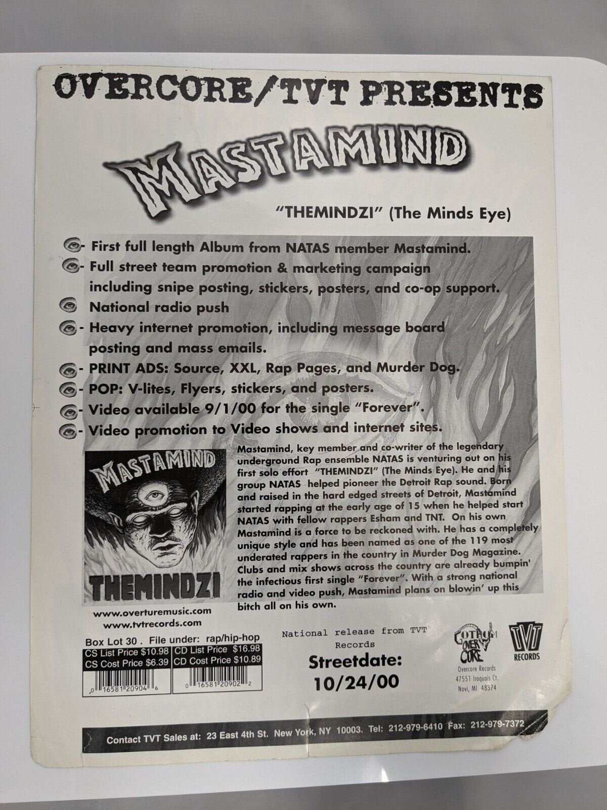 Mastamind Themindzi 8.5x11 Flyer / Press Release Street Esham Natas ICP Detroit