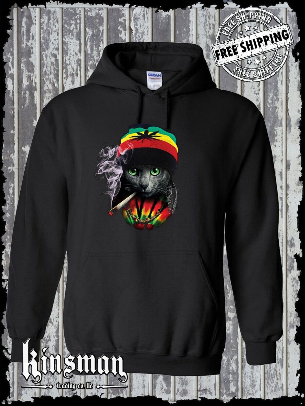 Rasta Cat Hoodie Sweatshirt Smoking Joint Jamaica Marijuana Pot Weed Cannabis