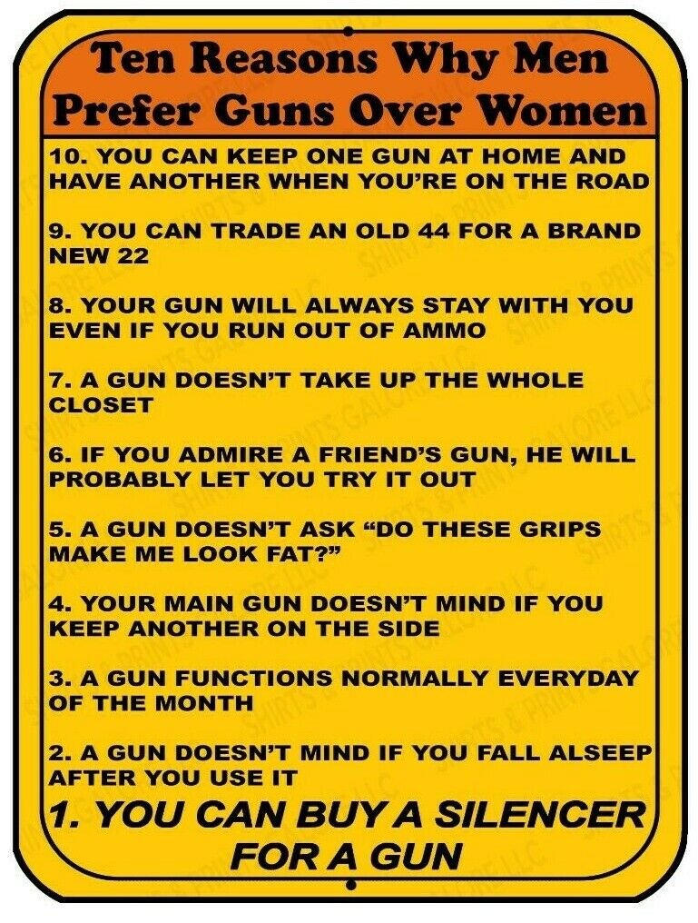 Ten Reasons Why Men Prefer GUNS Over Women - Funny 2nd Amendment Aluminum Sign