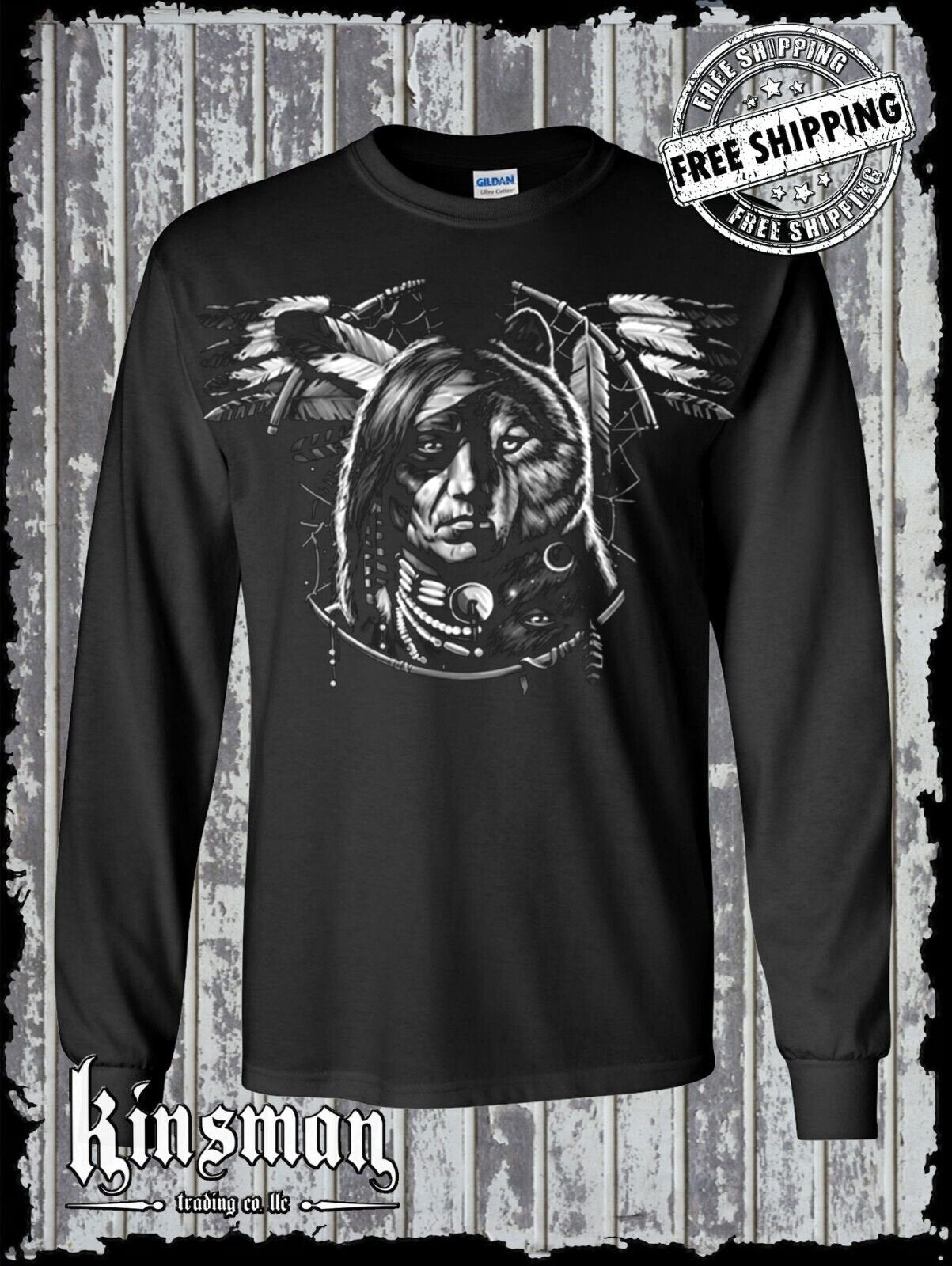 Wolf Dreamcatcher Spirit Indian Long Sleeve T-Shirt Native American Feathers